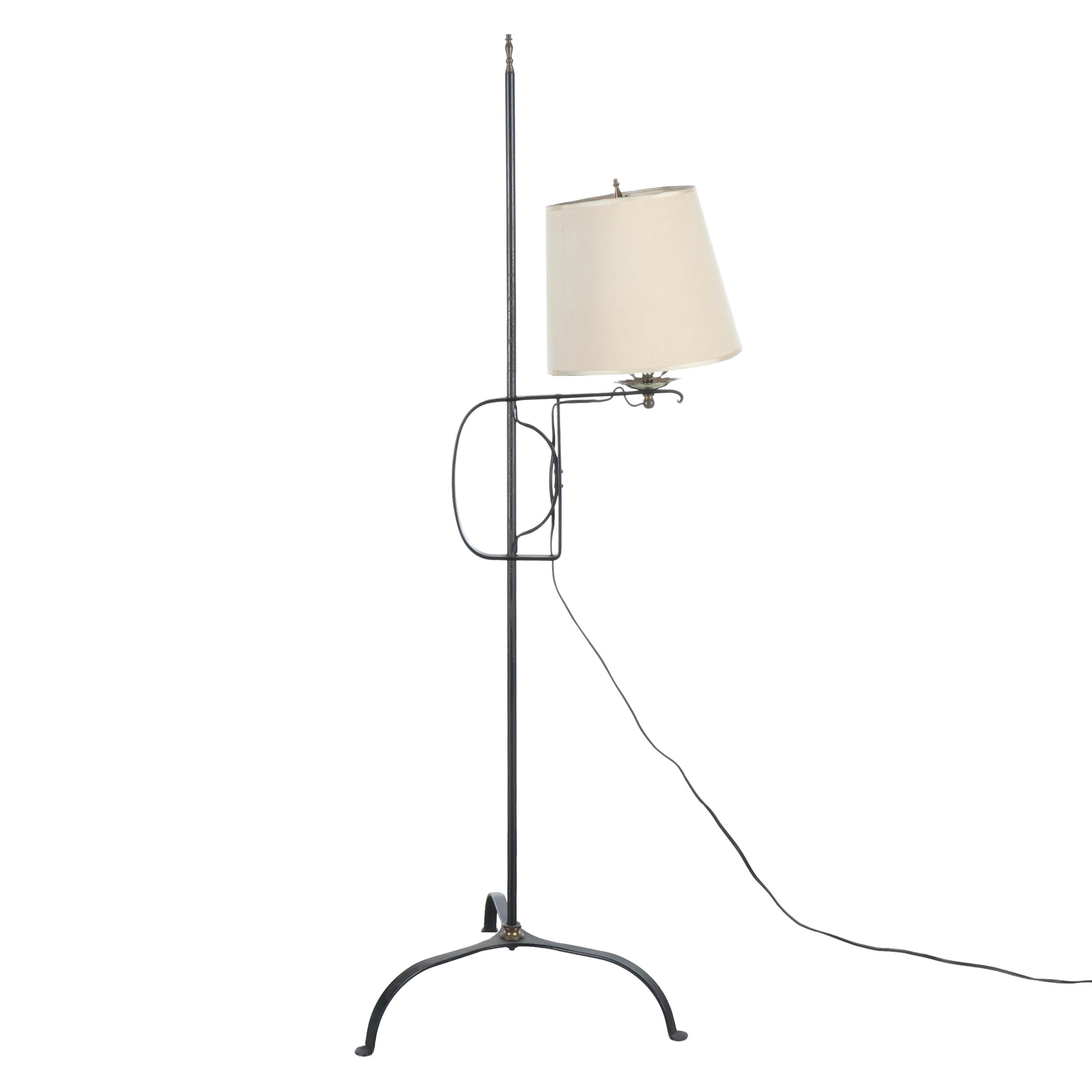 Colonial Revival Style Wrought Iron Floor Lamp with Fabric Bell Shade