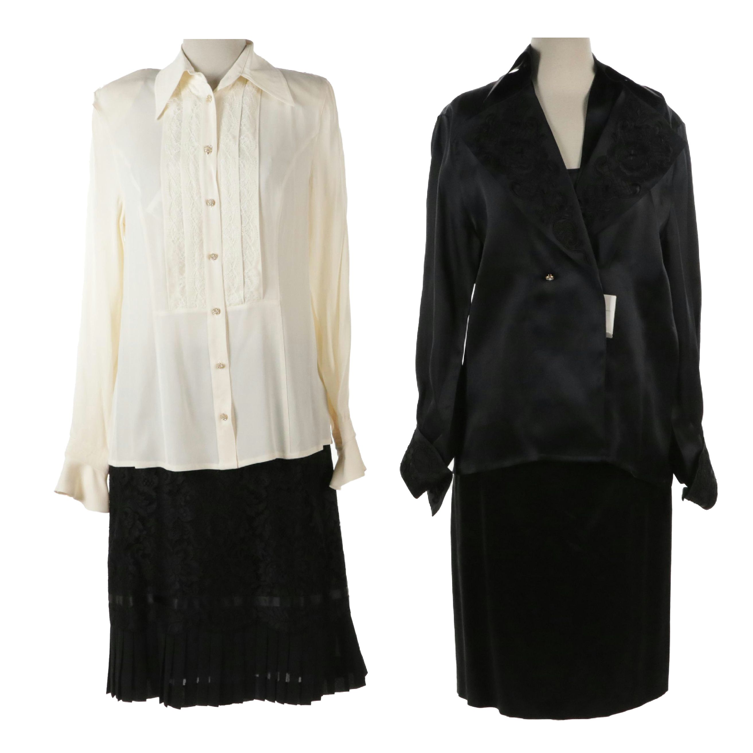 Escada White Silk Lace Blouse, Black Lace Skirt and Black Silk 4 Piece Skirt Set