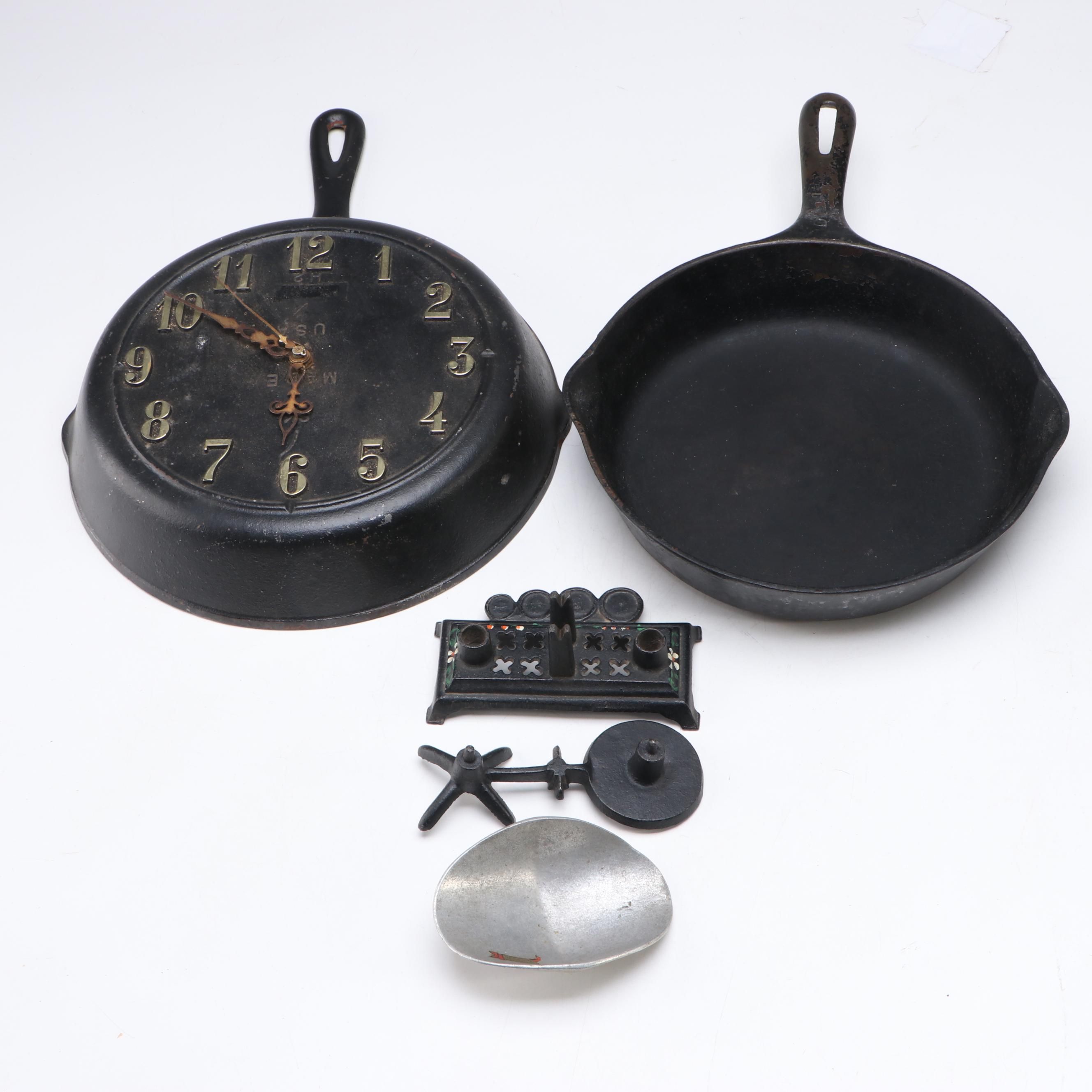 Lodge Cast Iron Skillet Wall Clock with Other Skillet and Balance Scale