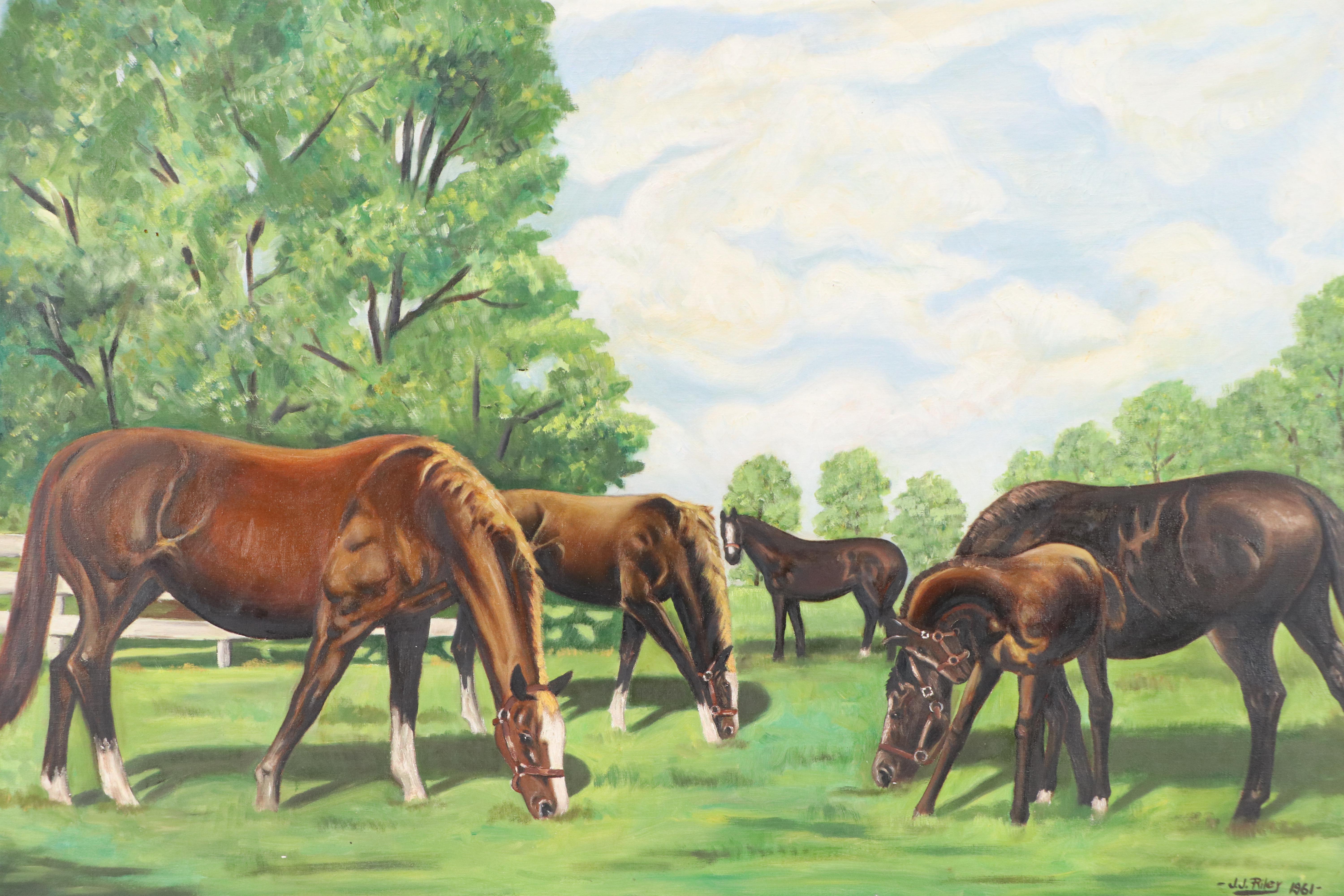 J.J. Riley Equine Oil Painting of Grazing Mares with Foals, 1961