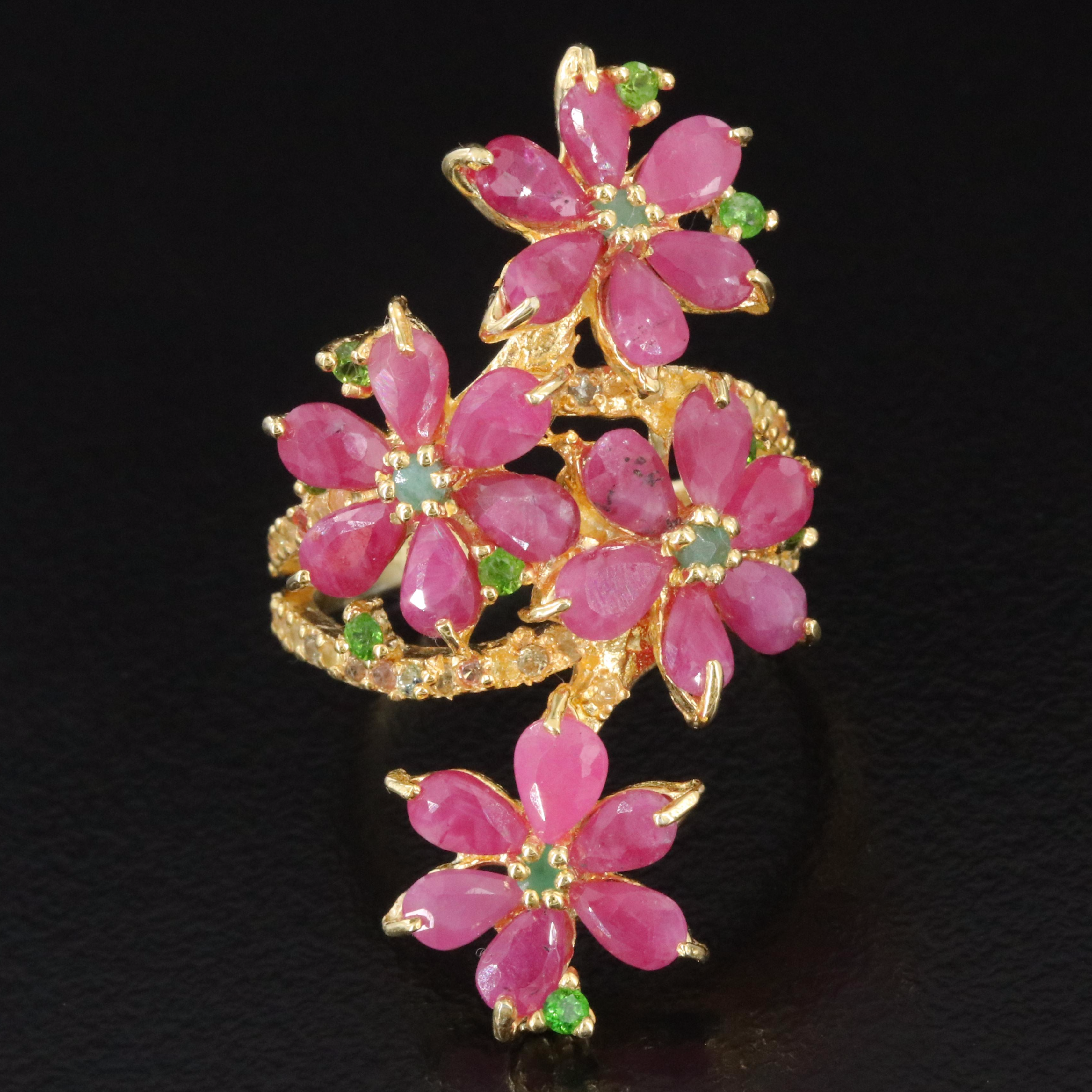 Sterling Ruby, Diopside and Sapphire Floral Ring