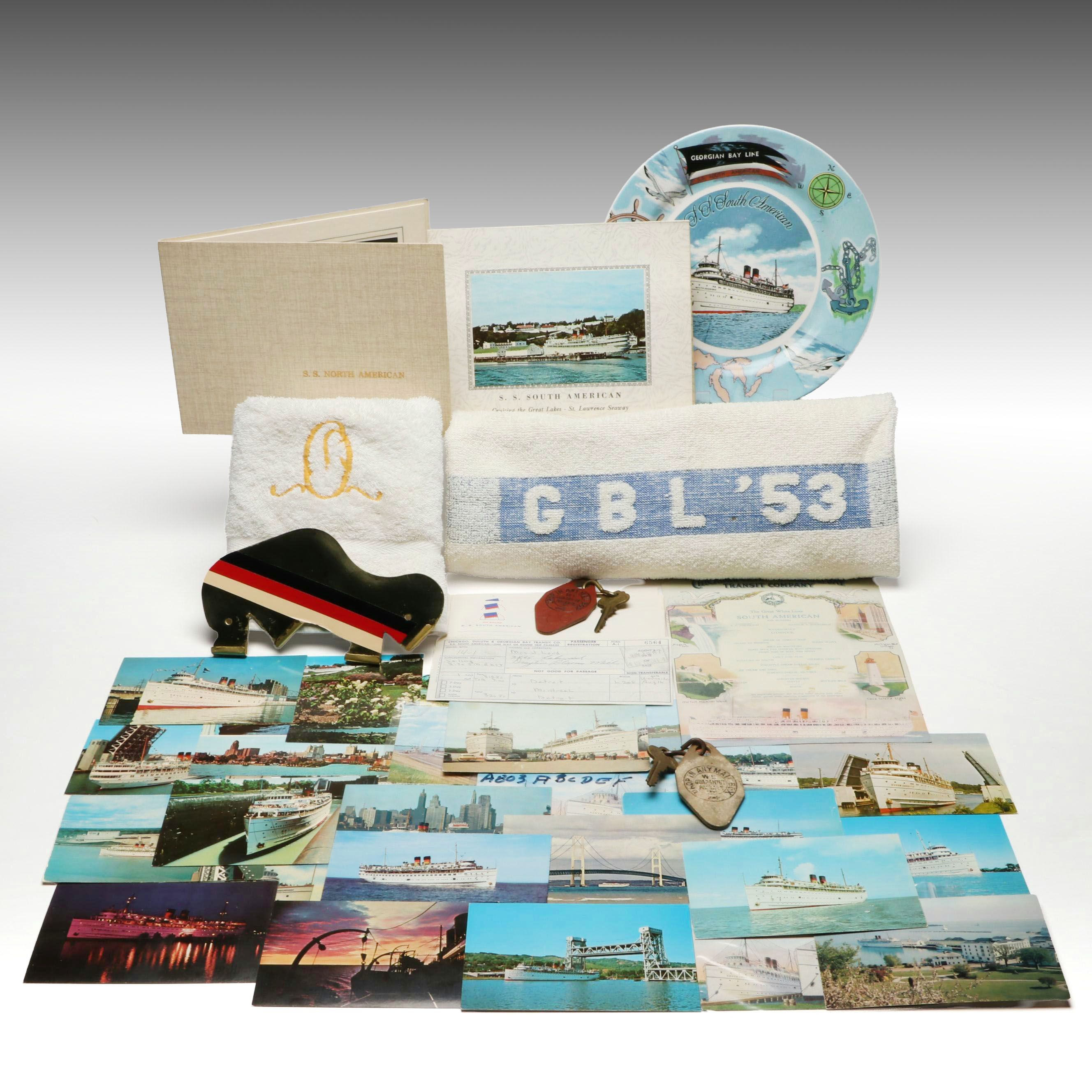 S.S. South American Menu with Postcards, Towel and More, Early to Mid-20th C.