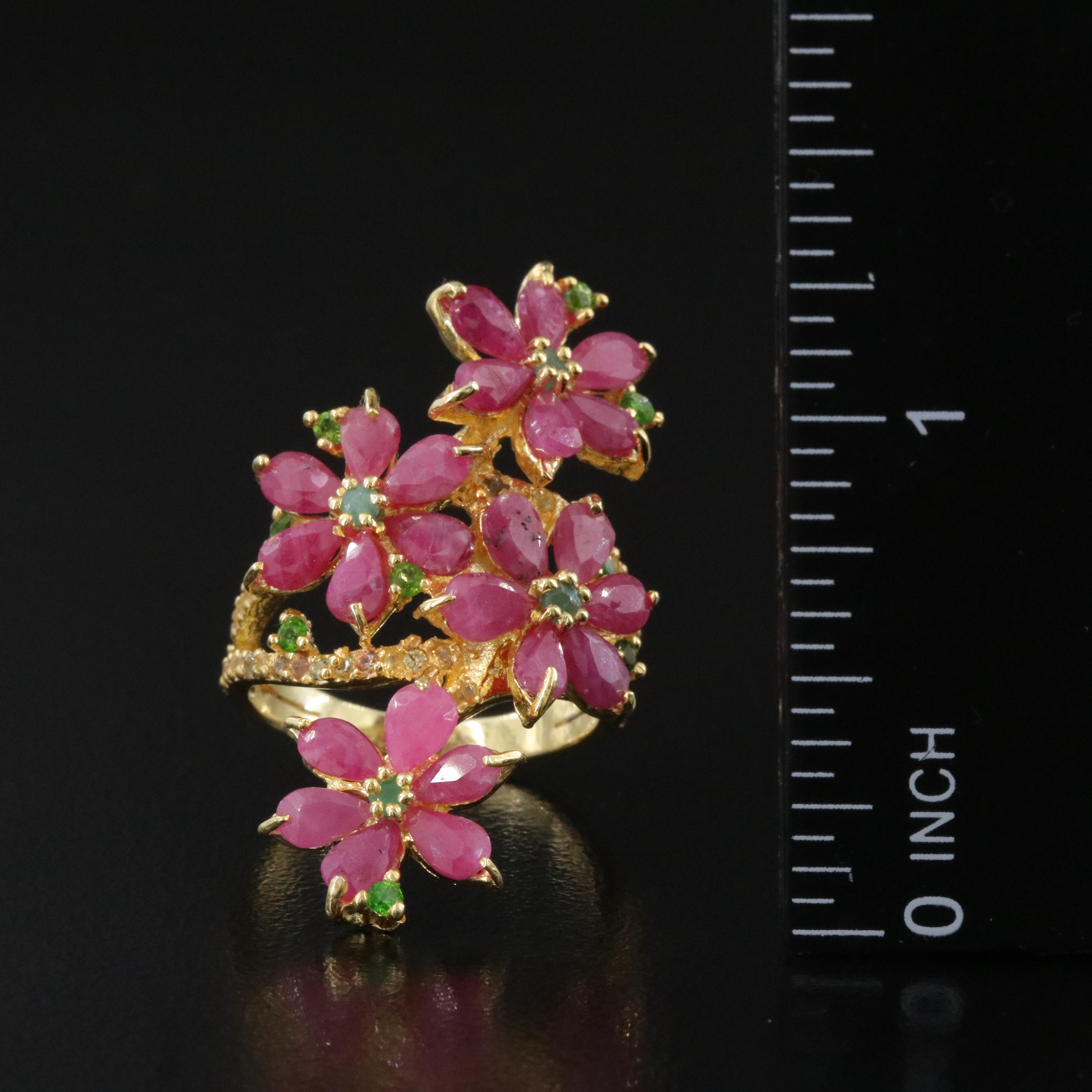 Sterling Ruby, Diopside and Sapphire Floral Ring