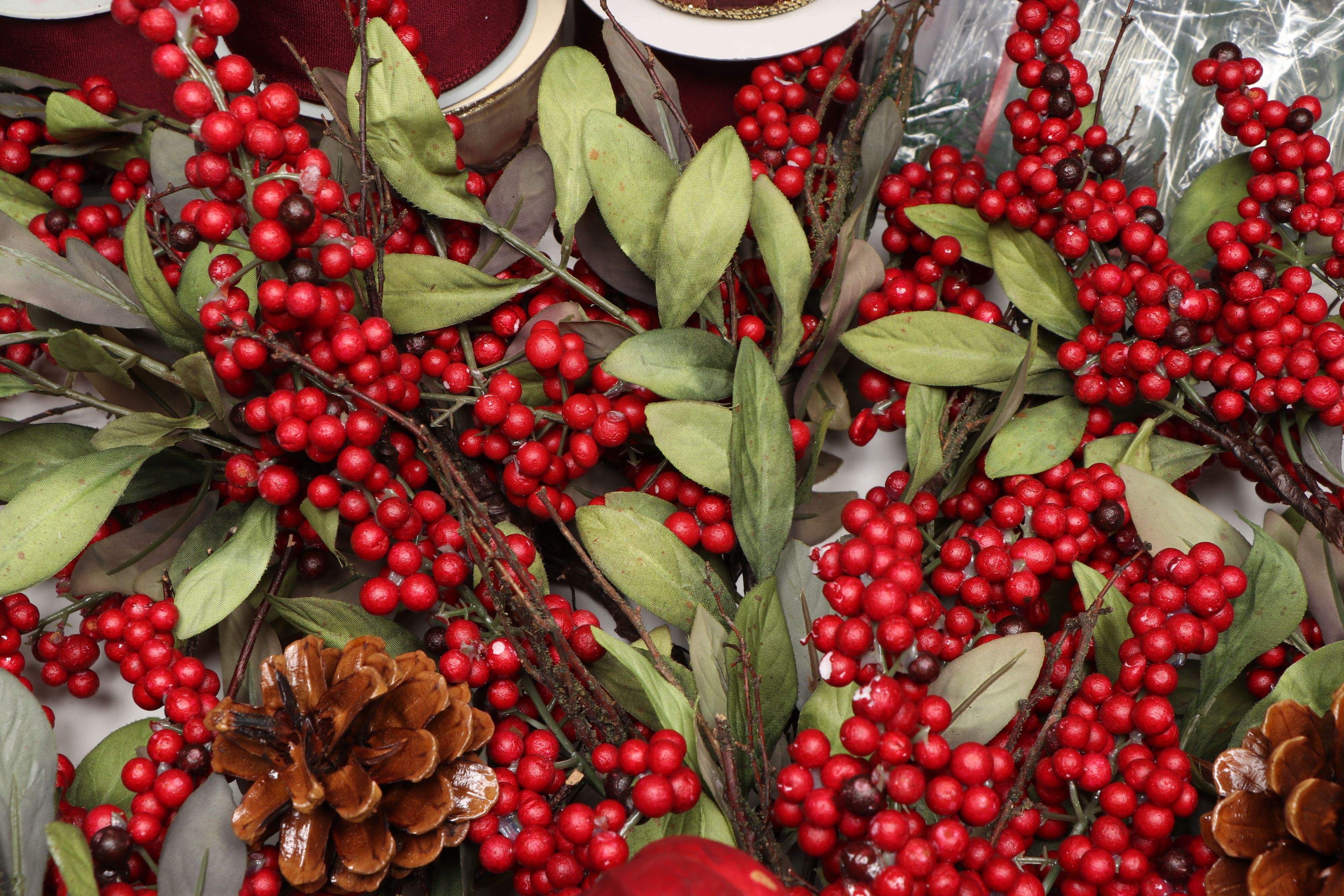 Christmas Faux Holly Branches, Ribbon and More Holiday Décor