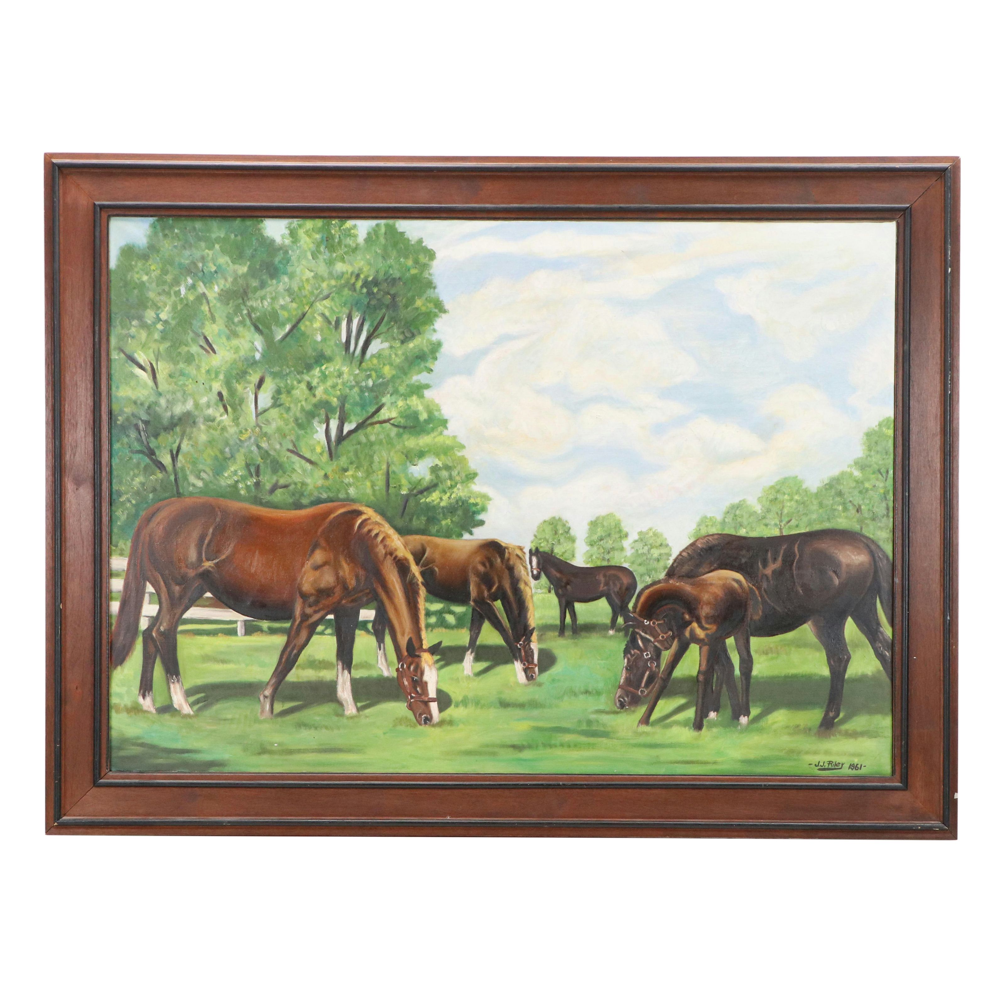 J.J. Riley Equine Oil Painting of Grazing Mares with Foals, 1961