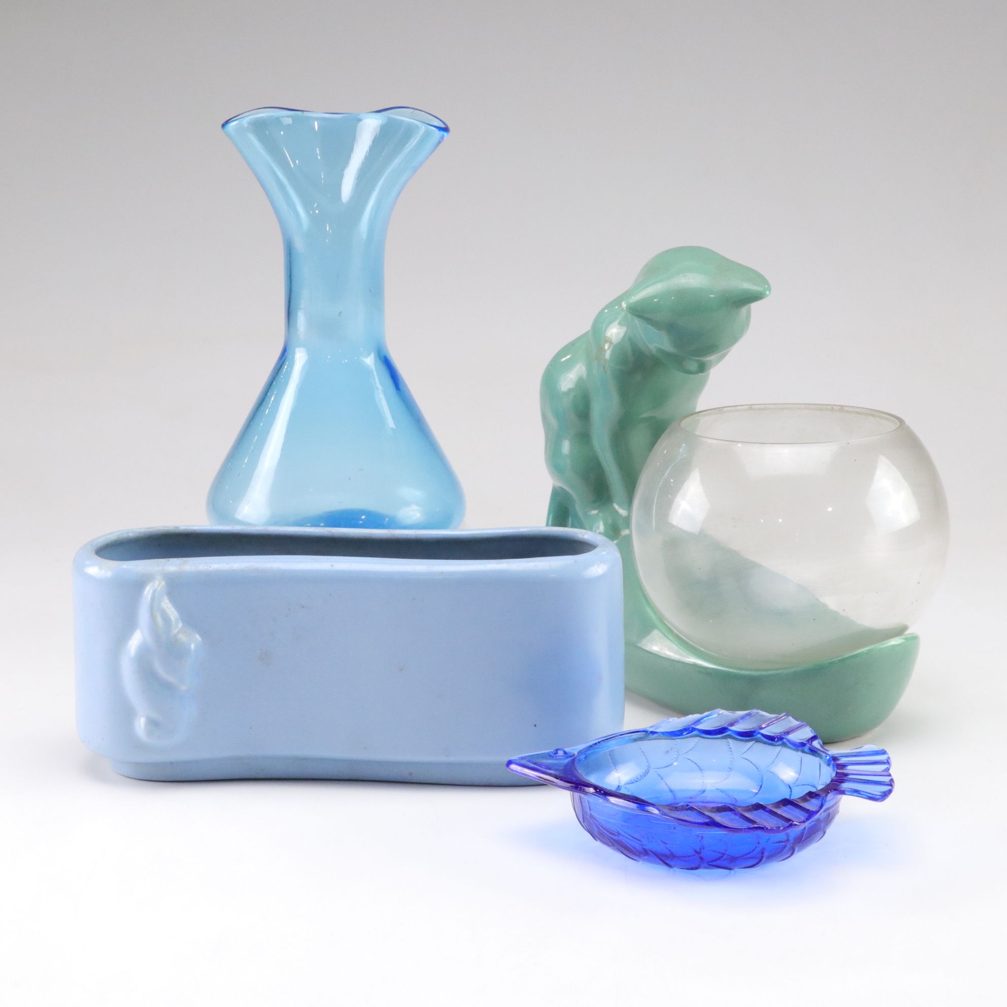 Royal Haeger Aqua Ceramic Cat Fishbowl with Cobalt Angel Fish Ashtray & More