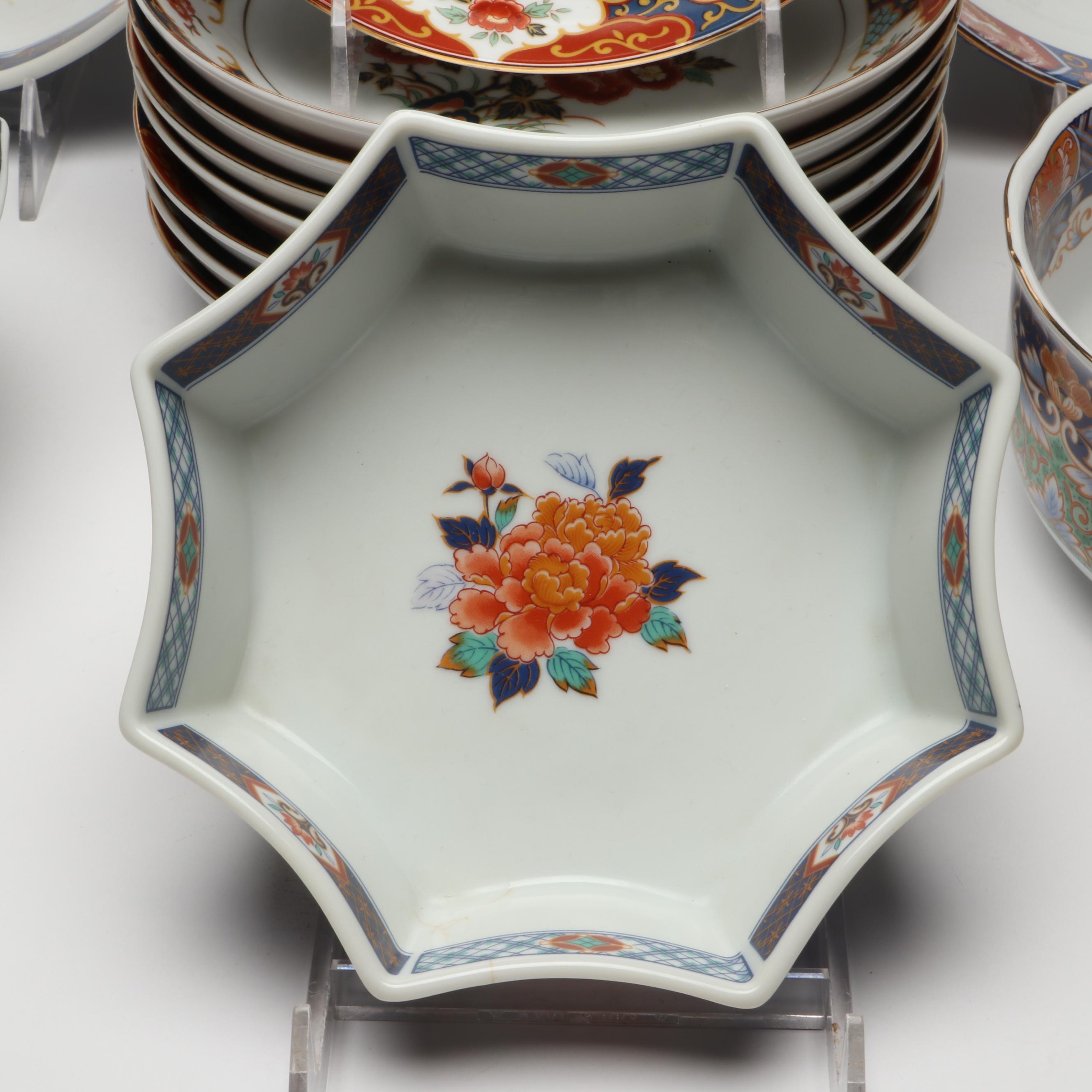 Japanese and Chinese Gold Gilt Floral Imari Porcelain Dinnerware with Chopsticks