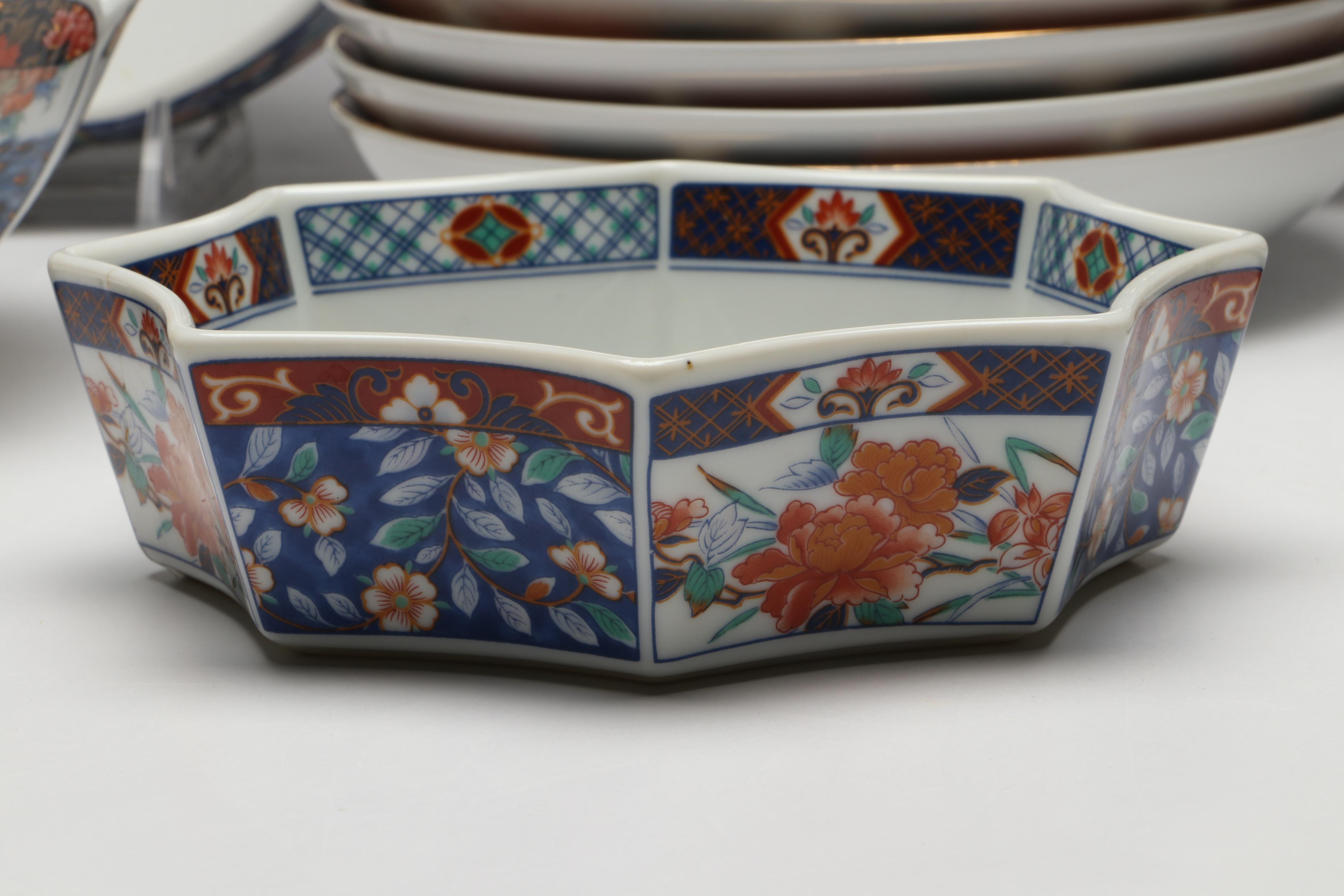 Japanese and Chinese Gold Gilt Floral Imari Porcelain Dinnerware with Chopsticks