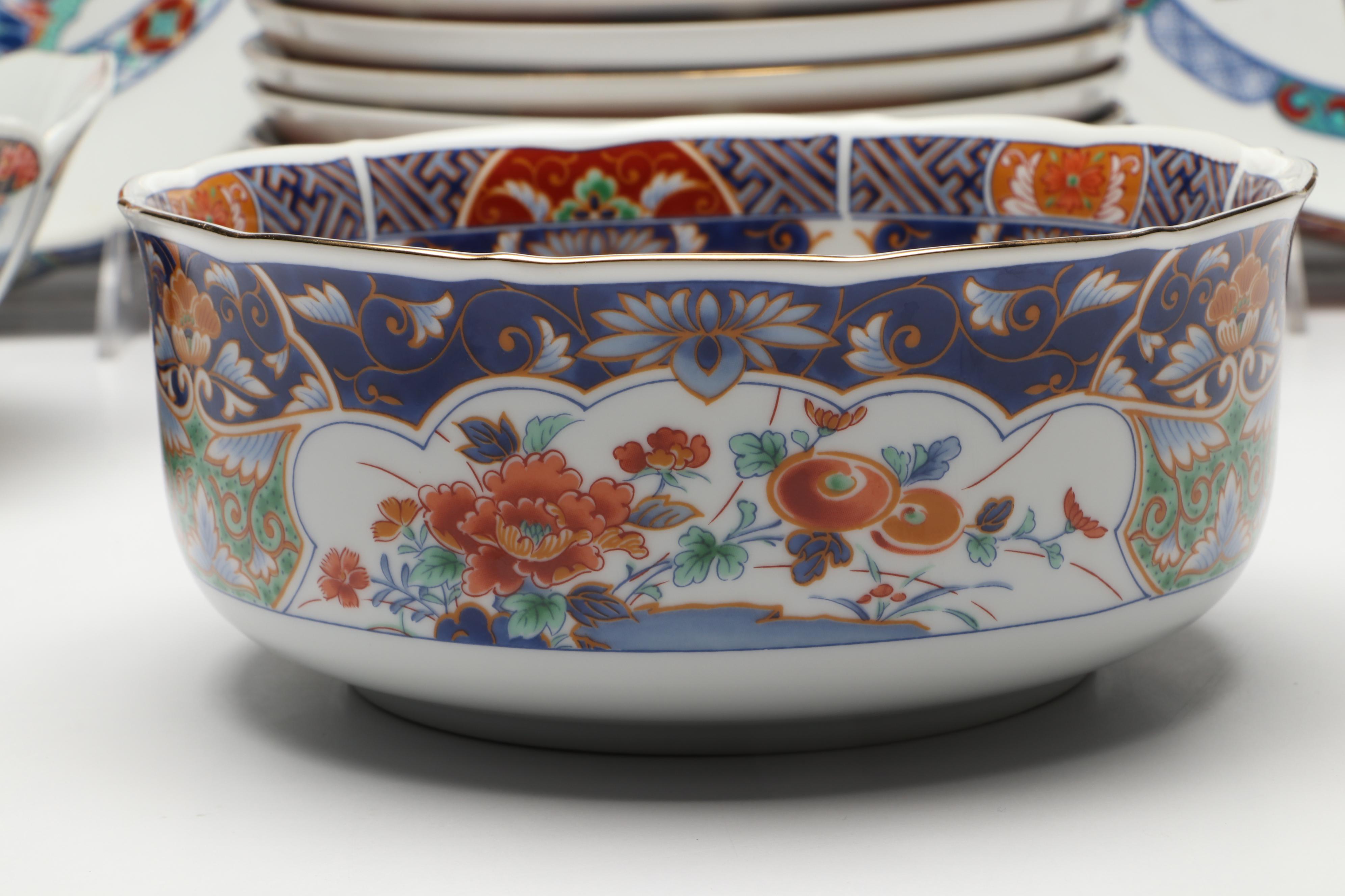 Japanese and Chinese Gold Gilt Floral Imari Porcelain Dinnerware with Chopsticks