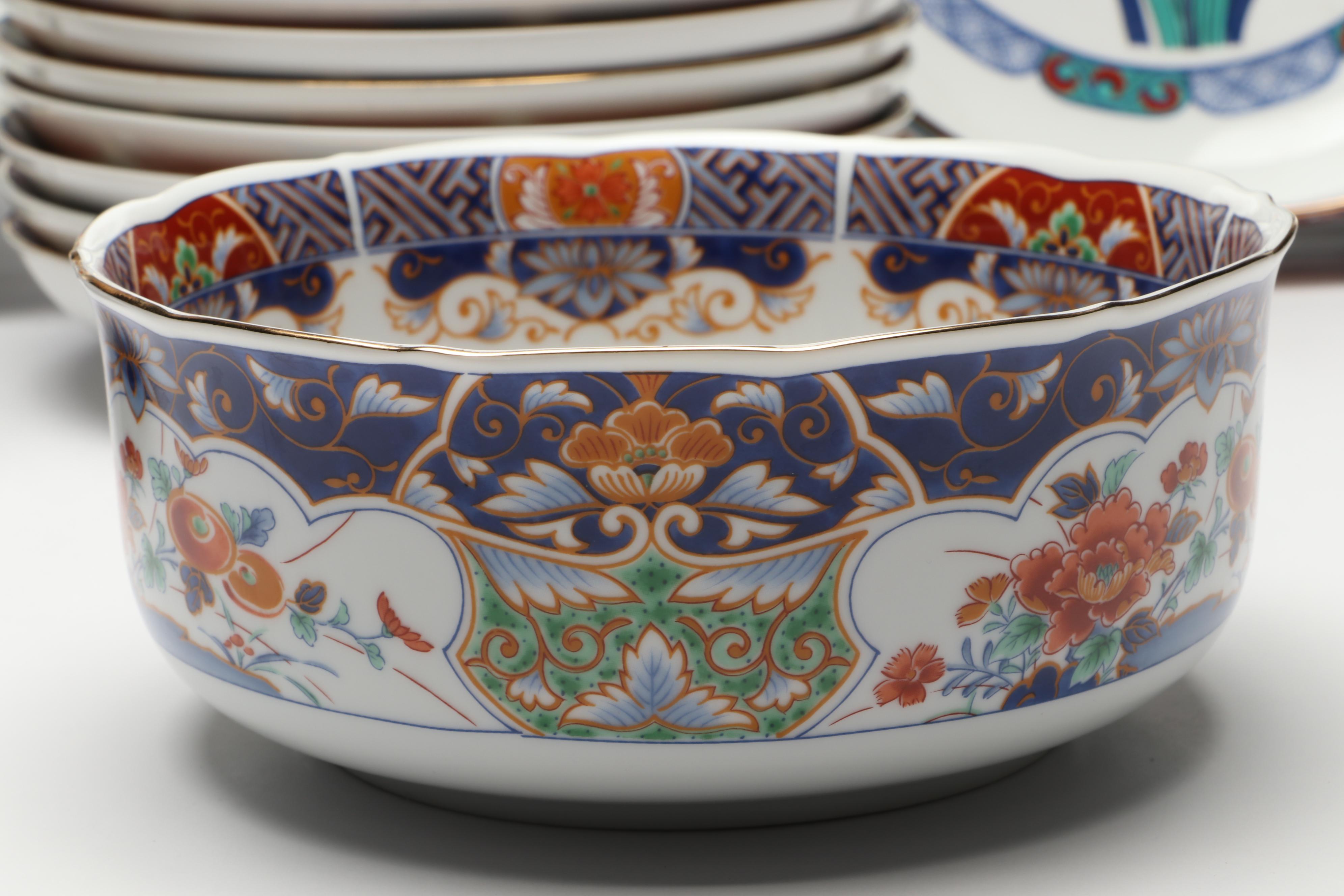 Japanese and Chinese Gold Gilt Floral Imari Porcelain Dinnerware with Chopsticks