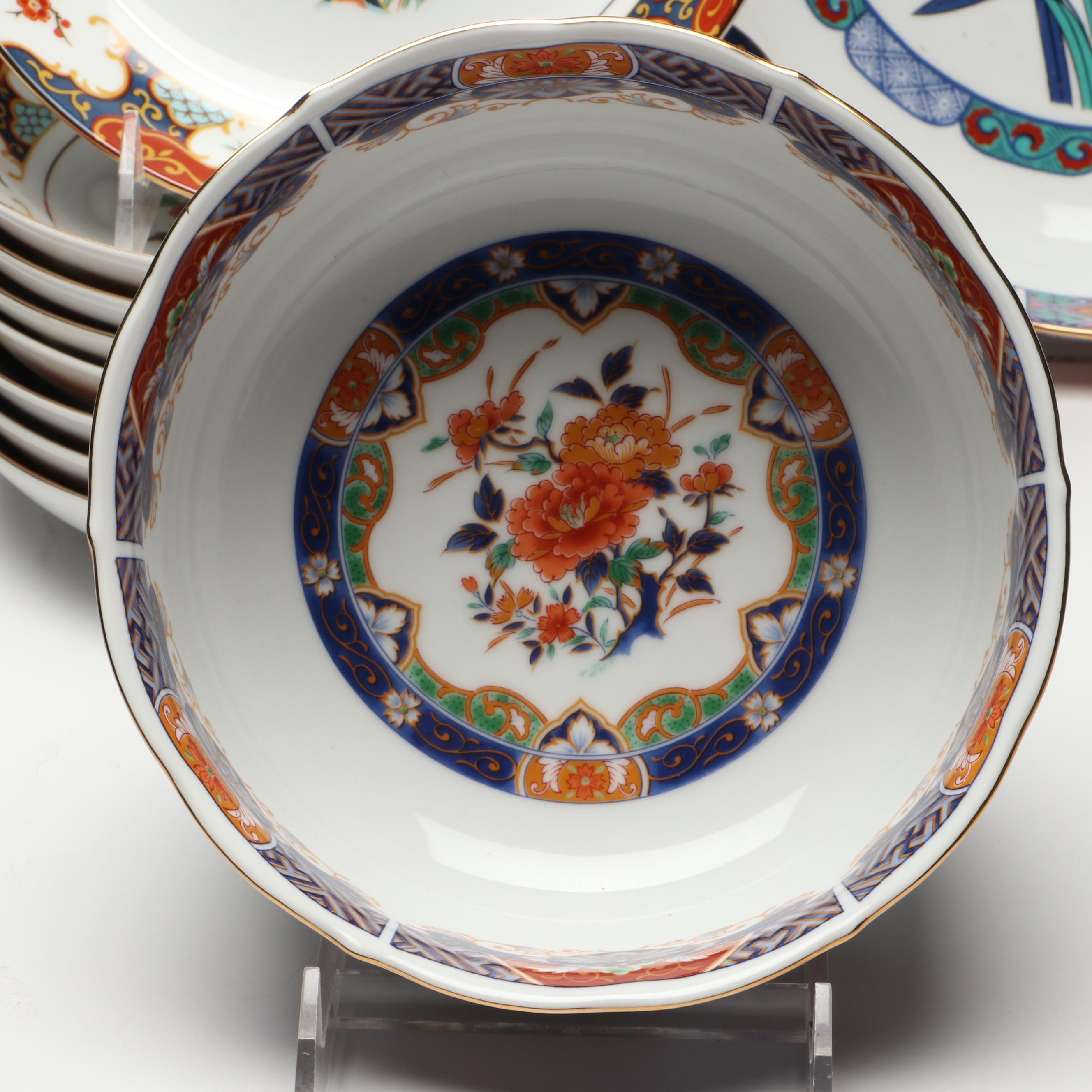 Japanese and Chinese Gold Gilt Floral Imari Porcelain Dinnerware with Chopsticks