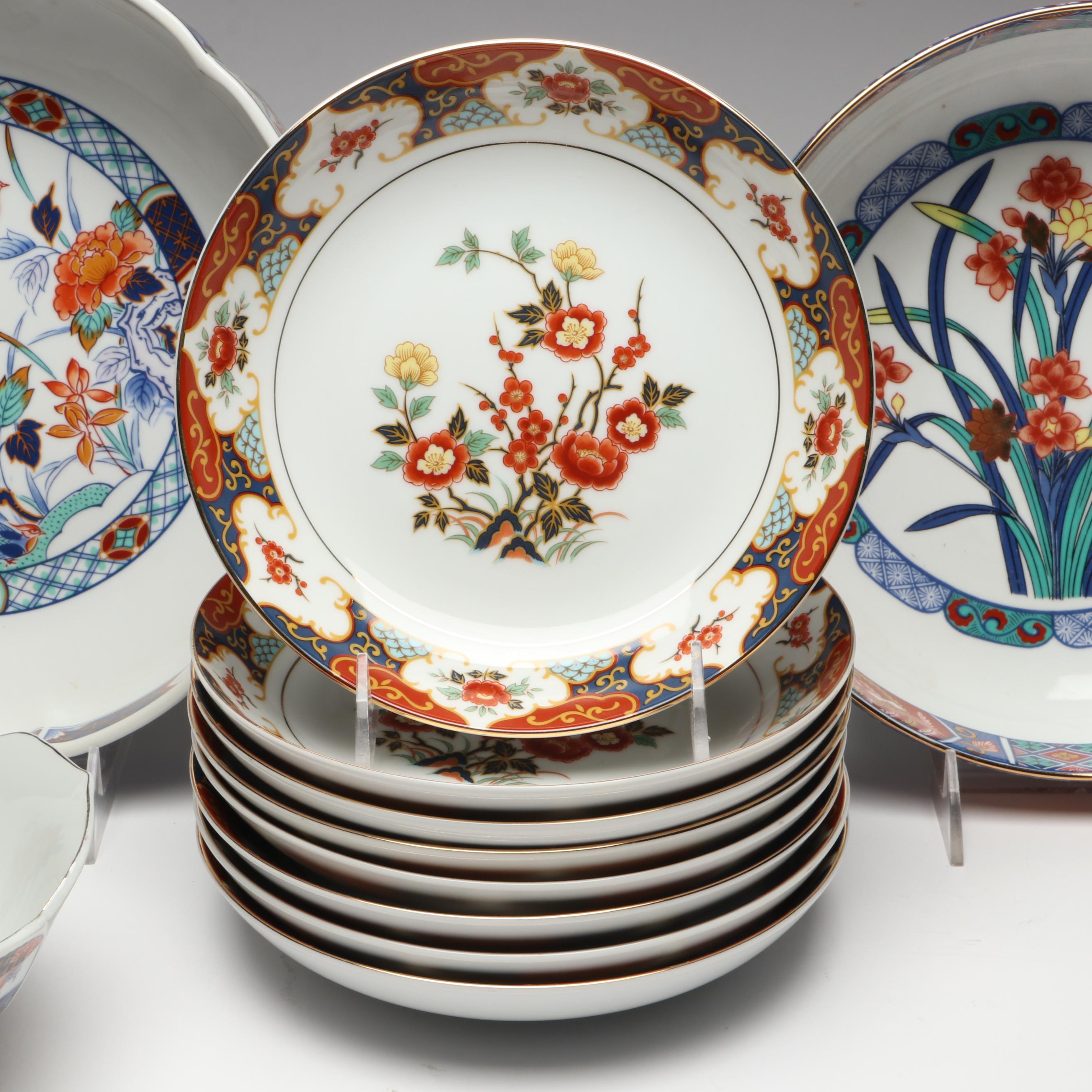 Japanese and Chinese Gold Gilt Floral Imari Porcelain Dinnerware with Chopsticks