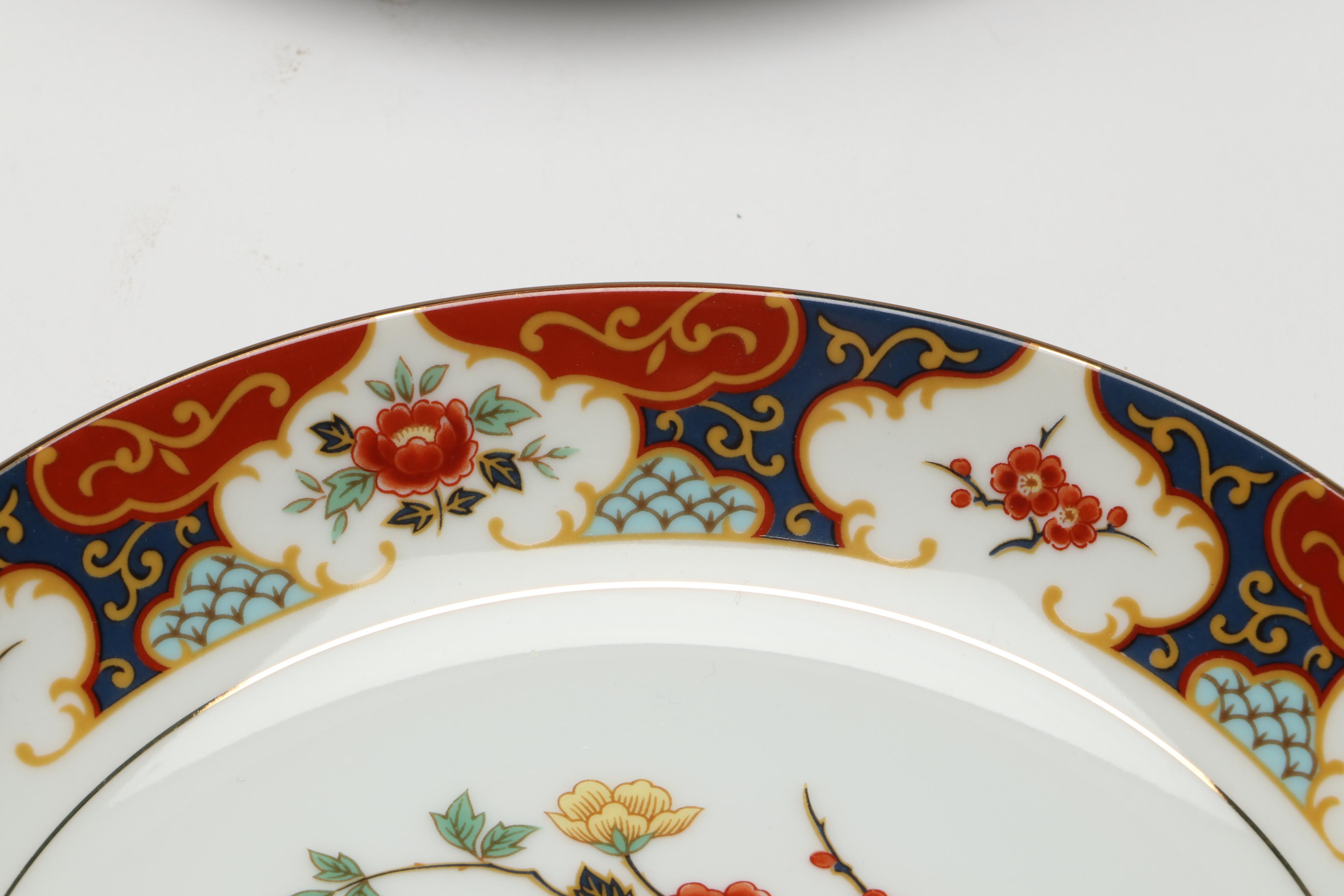 Japanese and Chinese Gold Gilt Floral Imari Porcelain Dinnerware with Chopsticks