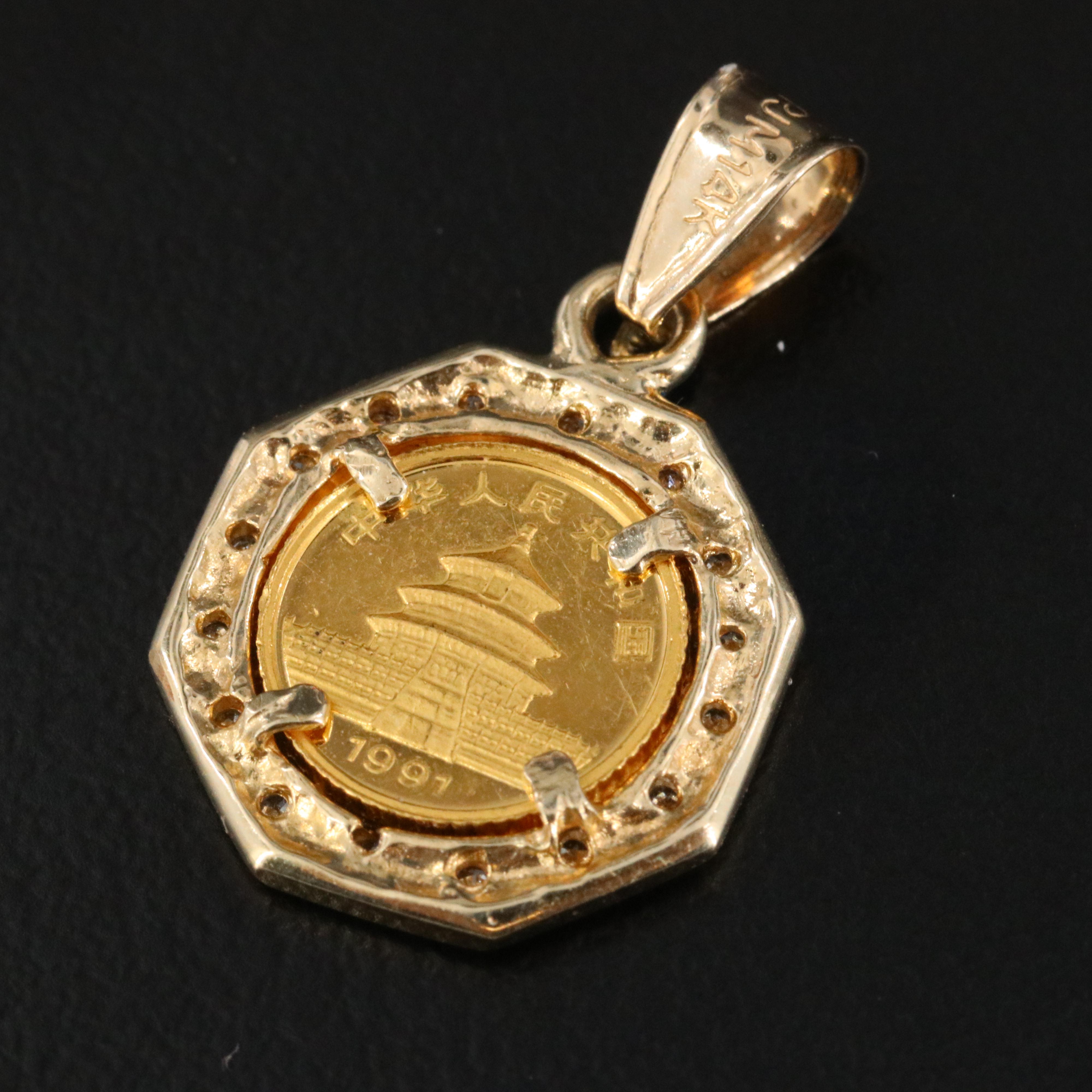 14K 0.10 CTW Diamond Pendant with 1991 China 3-Yuan Panda Gold Bullion Coin