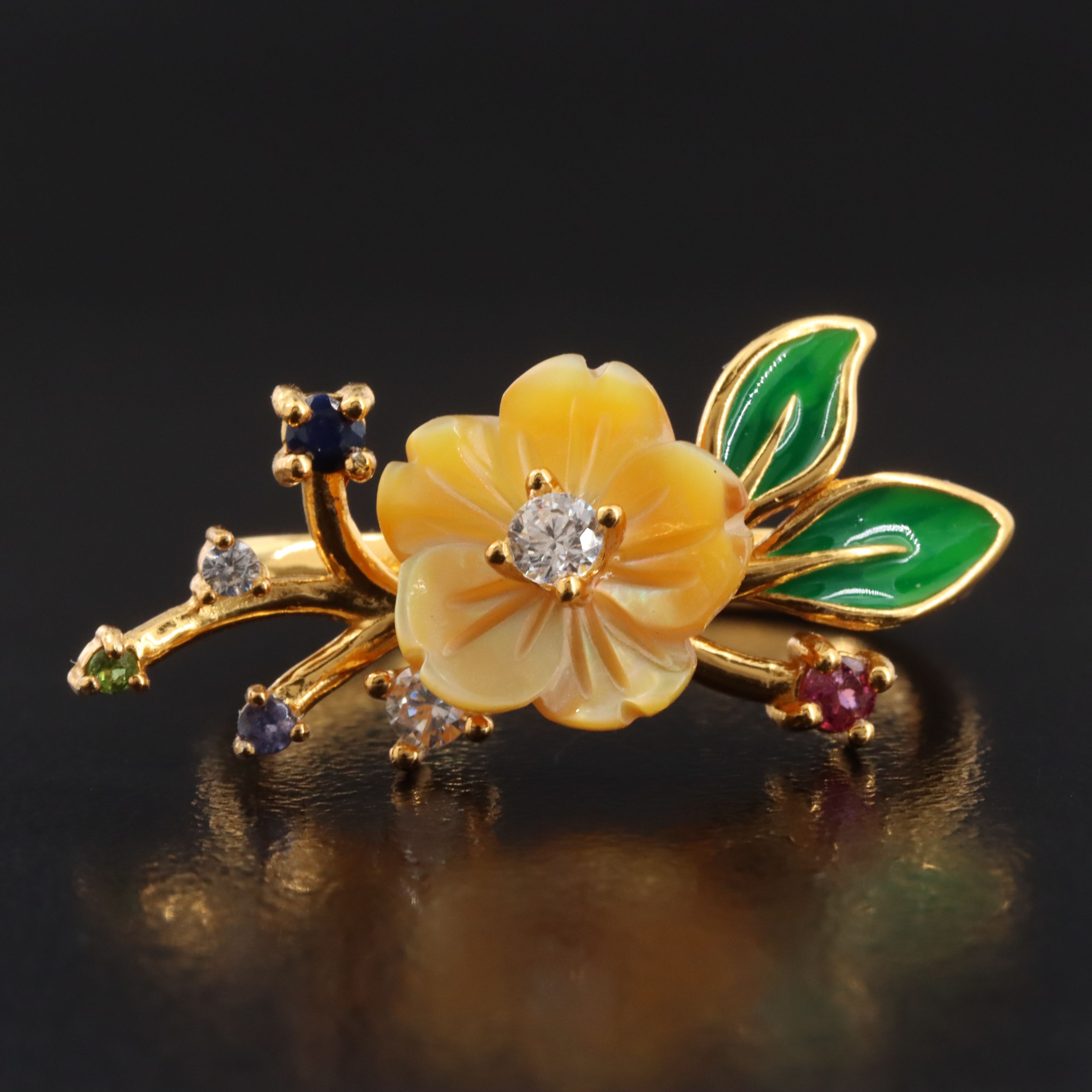 Sterling Mother-of-Pearl and Gemstone Floral Spray Ring