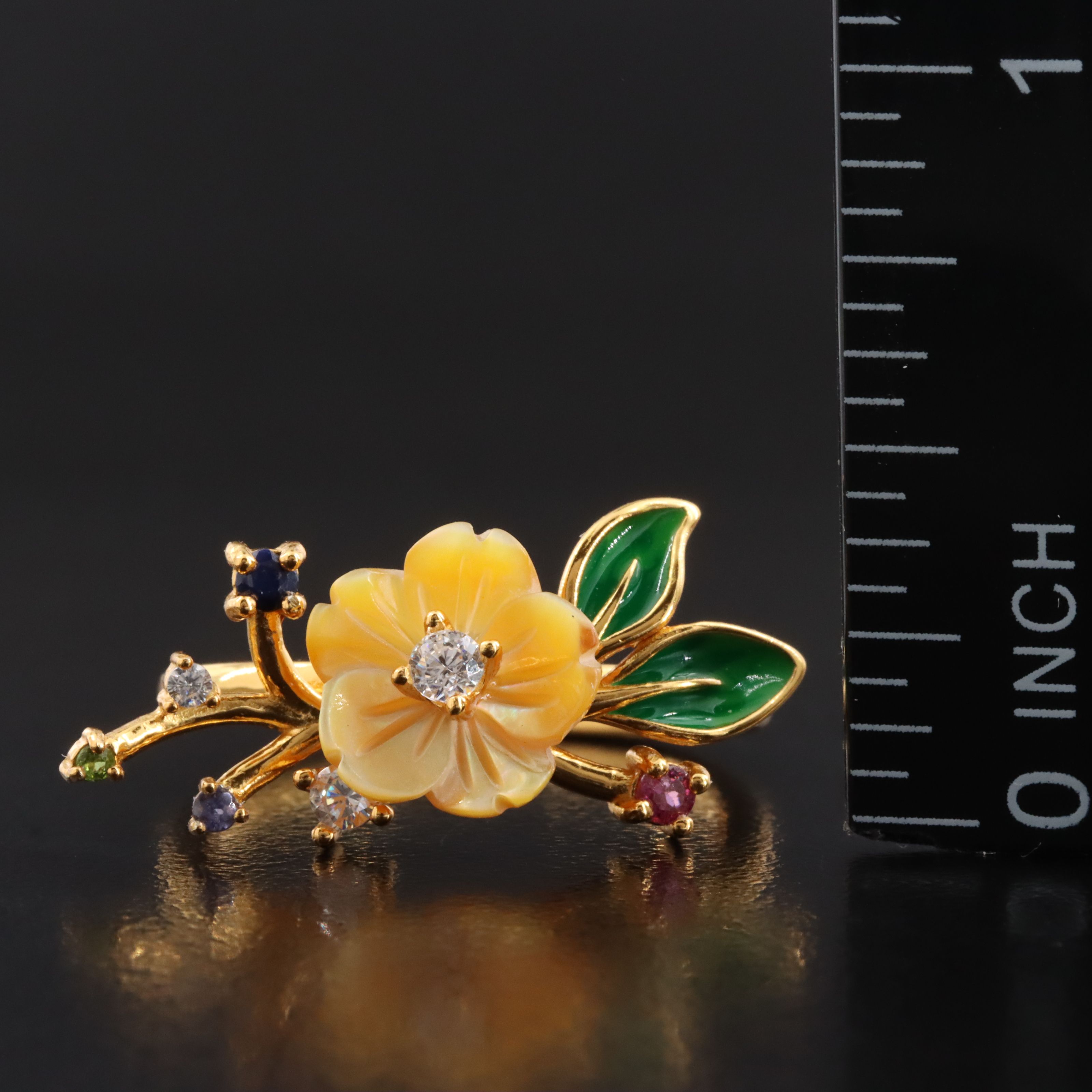 Sterling Mother-of-Pearl and Gemstone Floral Spray Ring