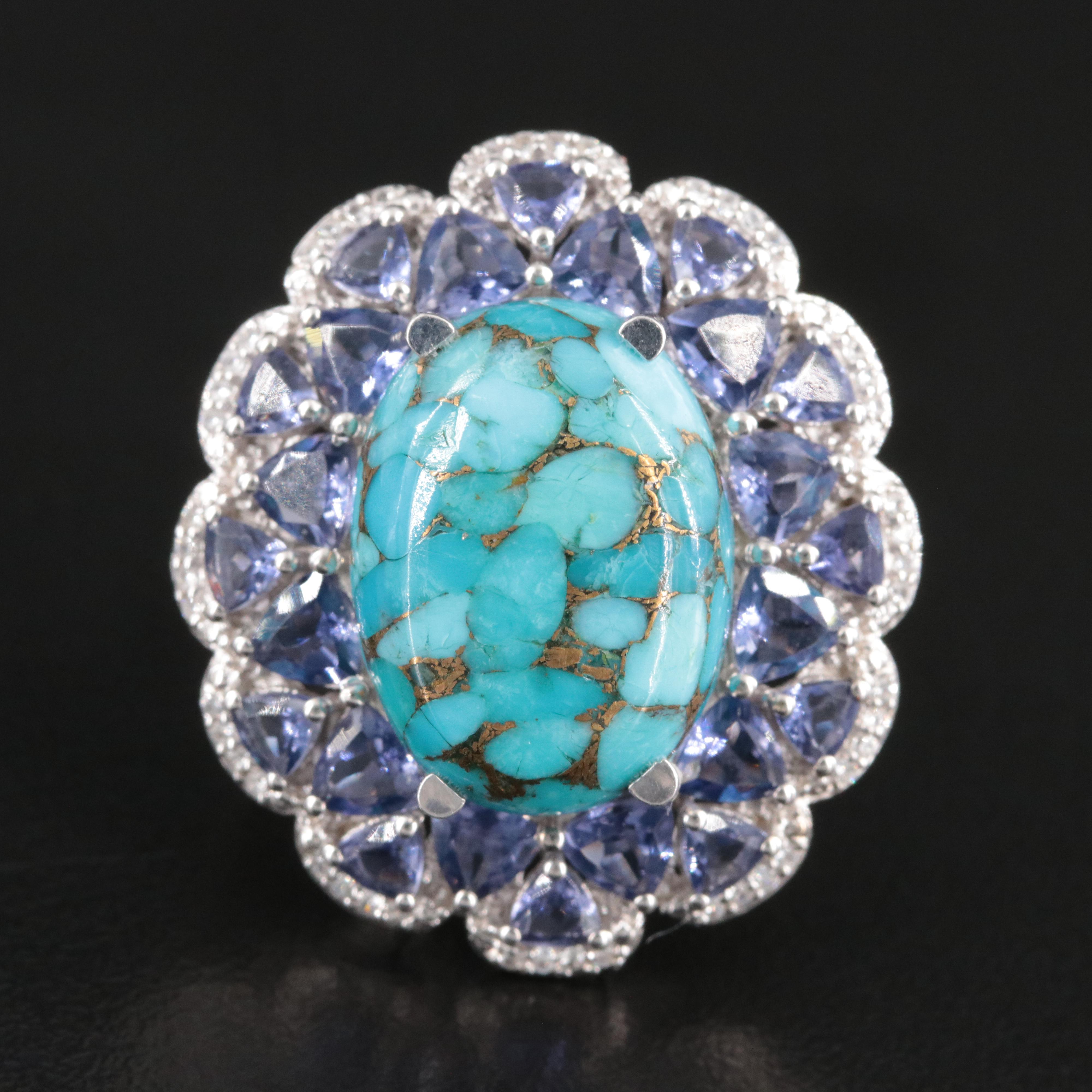 Sterling Turquoise, Iolite and Zircon Ring