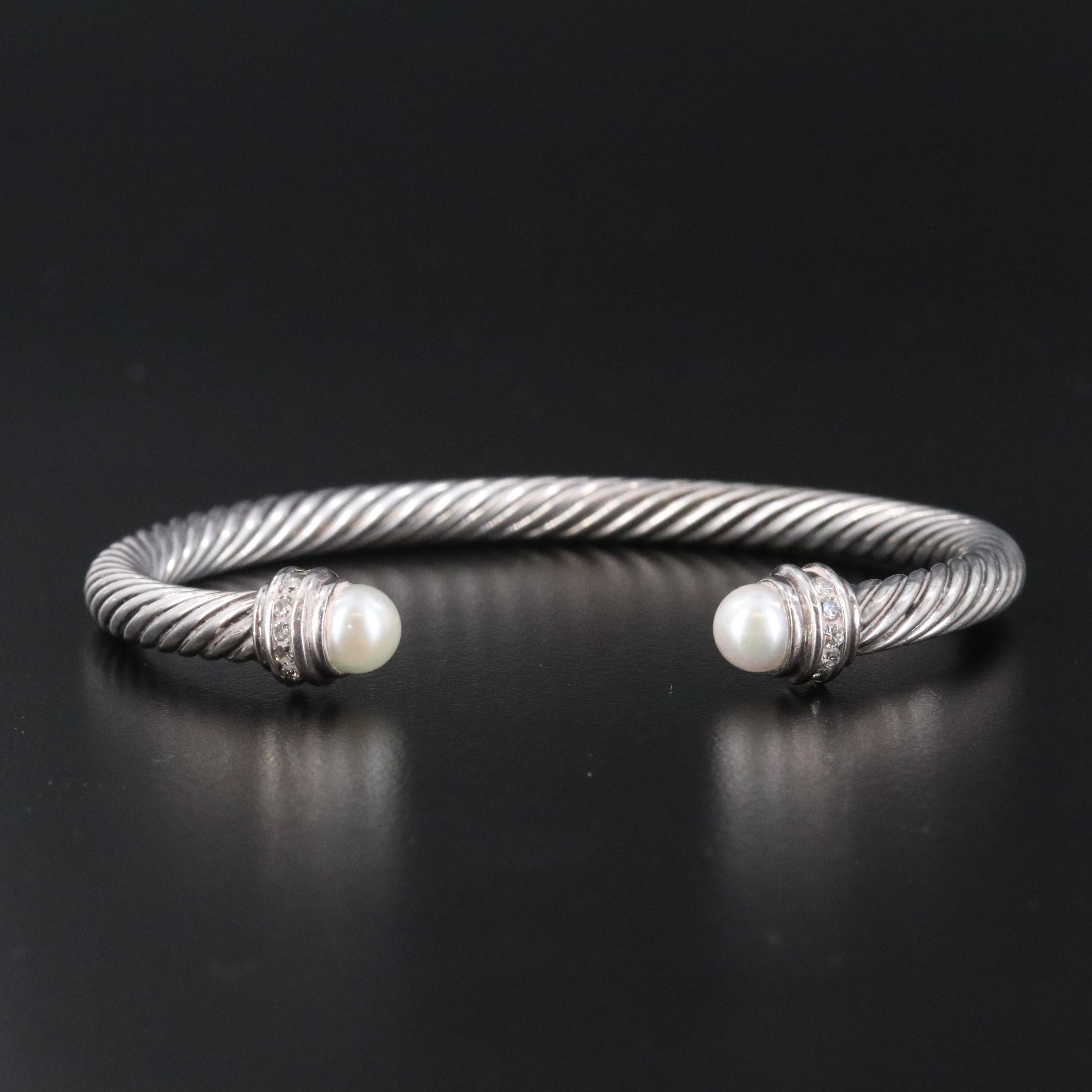 David Yurman Cable Sterling Pearl and 0.20 CTW Diamond Cuff Bracelet