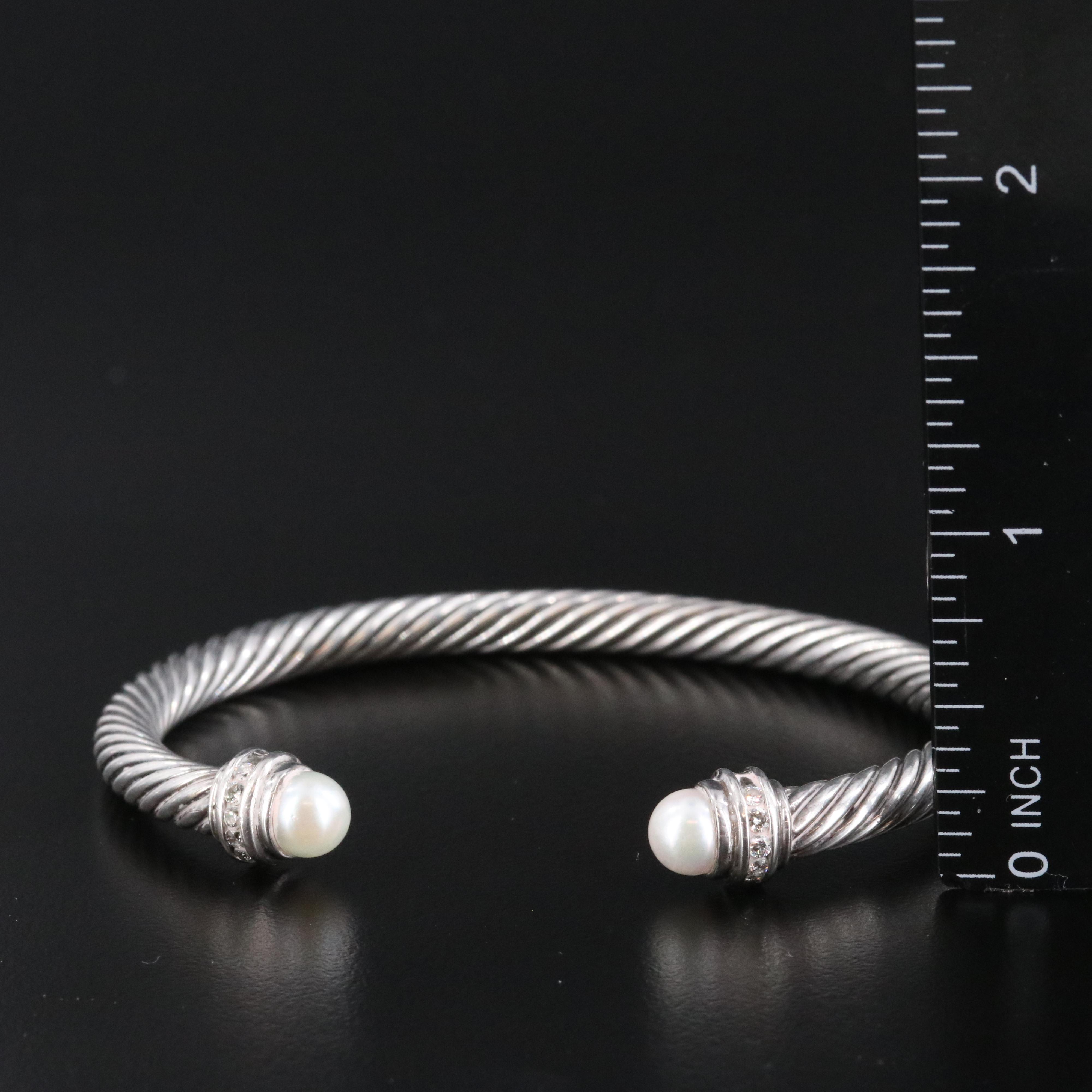 David Yurman Cable Sterling Pearl and 0.20 CTW Diamond Cuff Bracelet