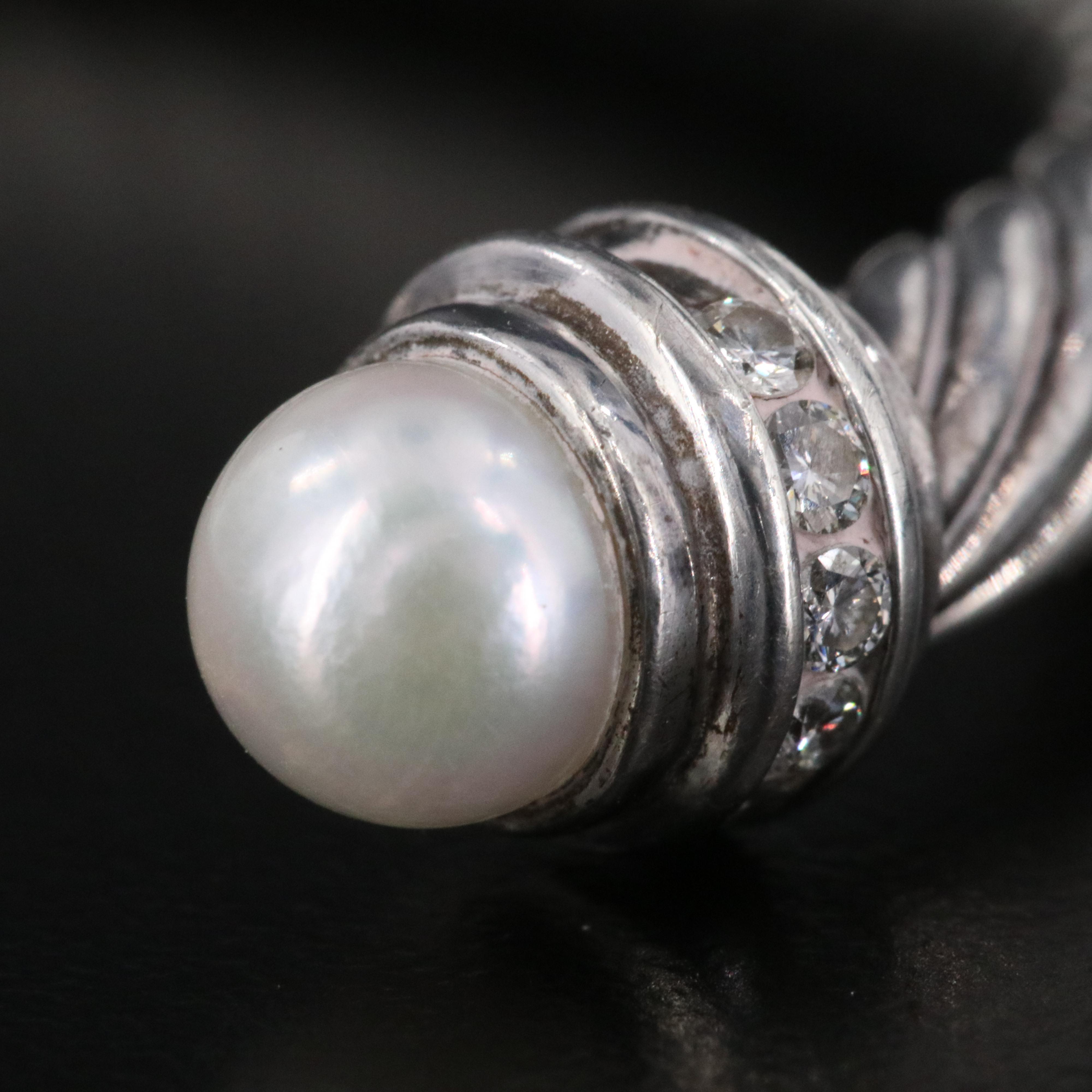 David Yurman Cable Sterling Pearl and 0.20 CTW Diamond Cuff Bracelet