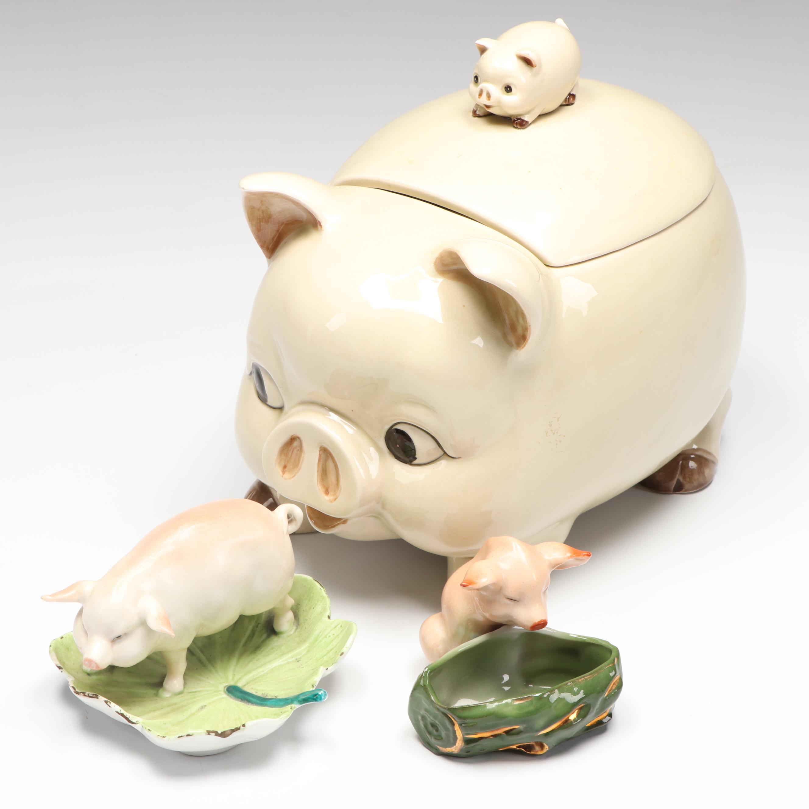 Vintage Ceramic Pig Cookie Jar with Porcelain Pig Dishes