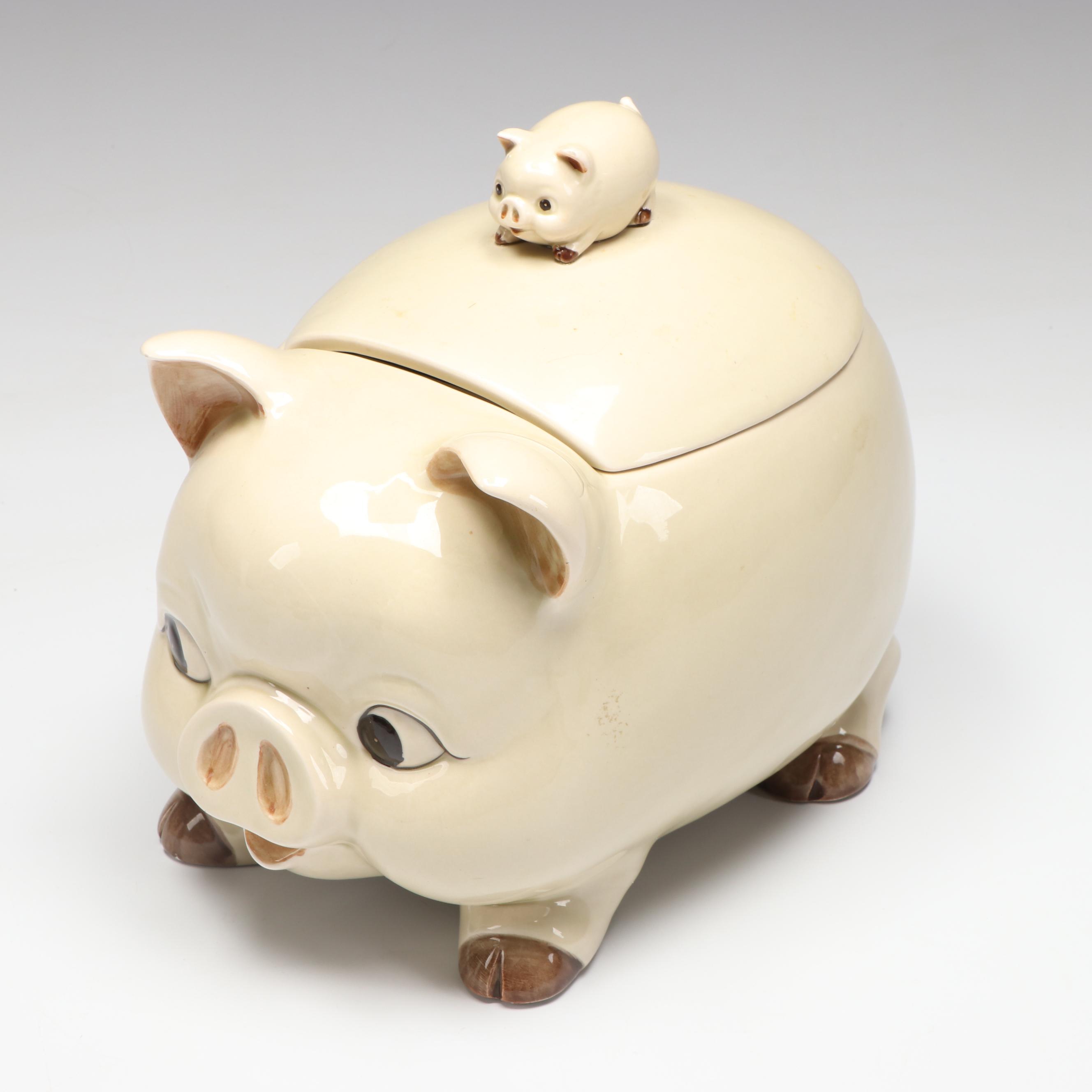 Vintage Ceramic Pig Cookie Jar with Porcelain Pig Dishes