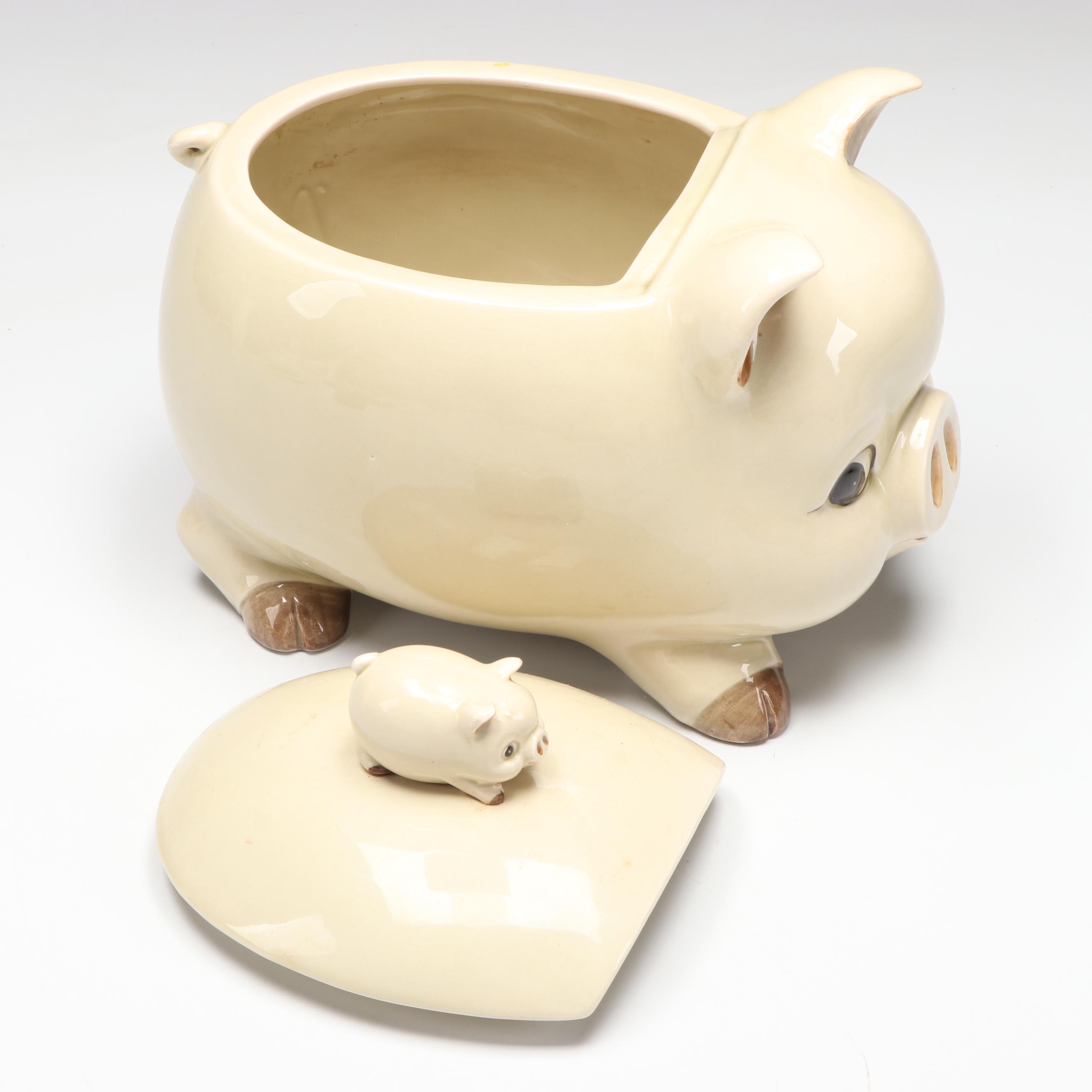 Vintage Ceramic Pig Cookie Jar with Porcelain Pig Dishes