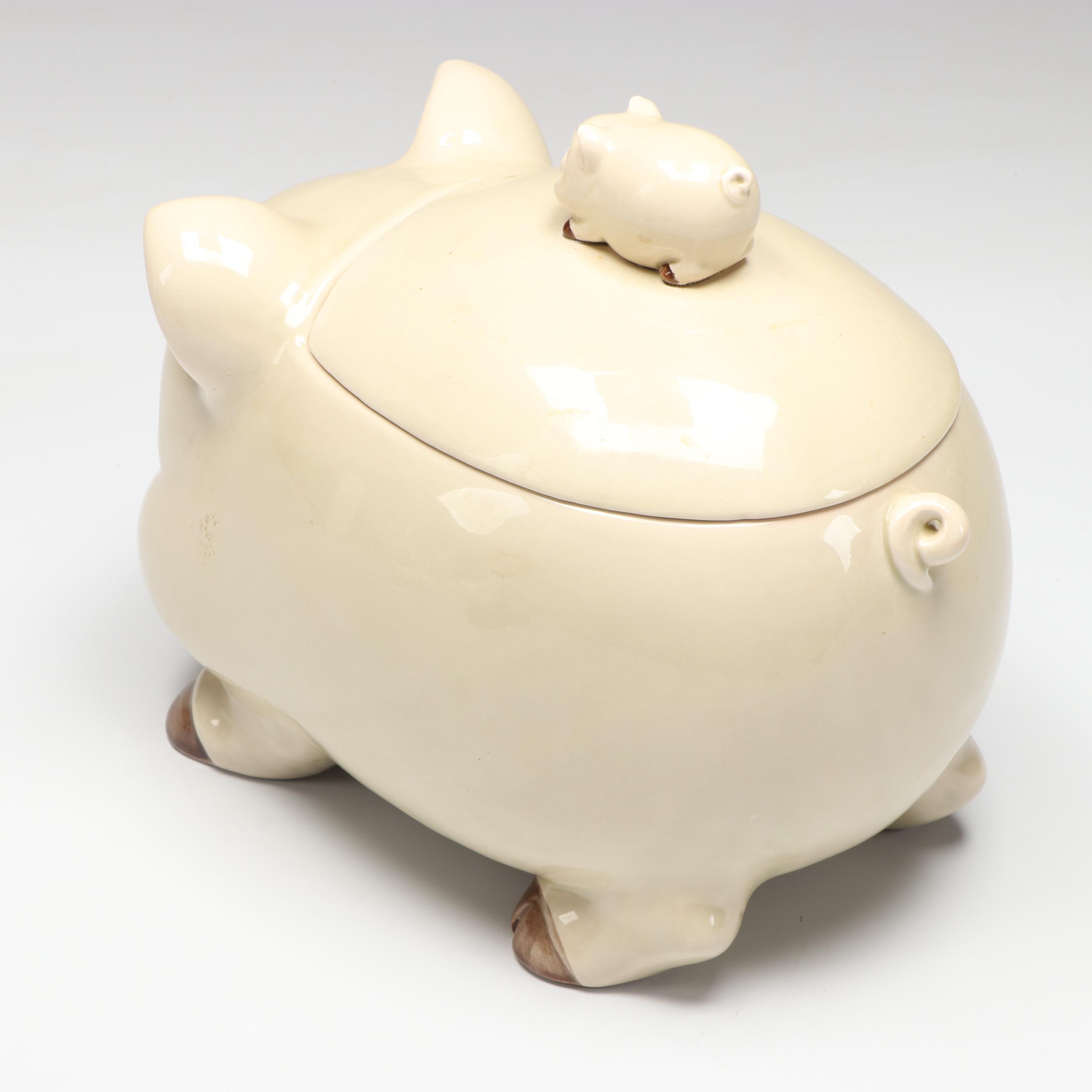 Vintage Ceramic Pig Cookie Jar with Porcelain Pig Dishes