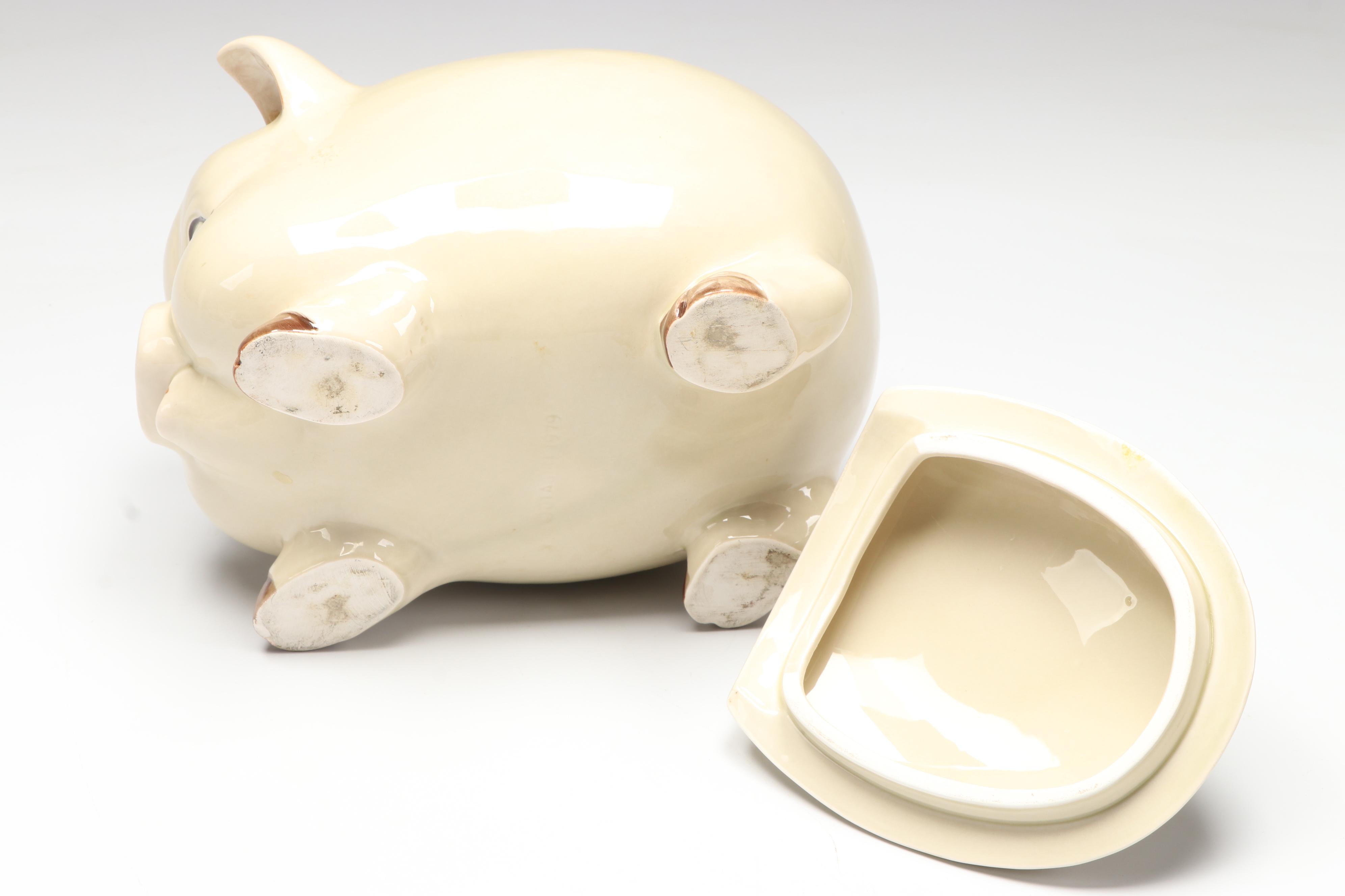 Vintage Ceramic Pig Cookie Jar with Porcelain Pig Dishes