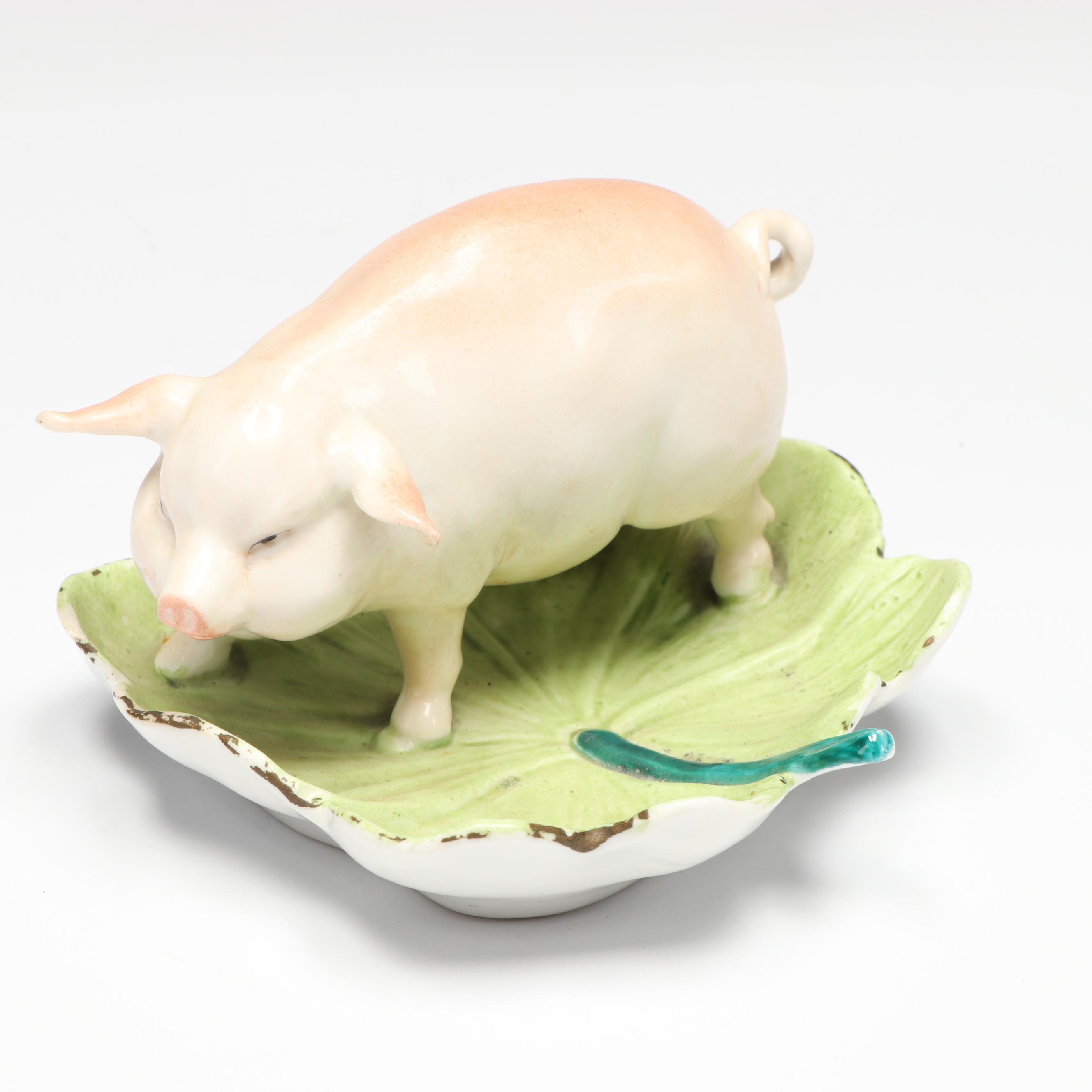 Vintage Ceramic Pig Cookie Jar with Porcelain Pig Dishes