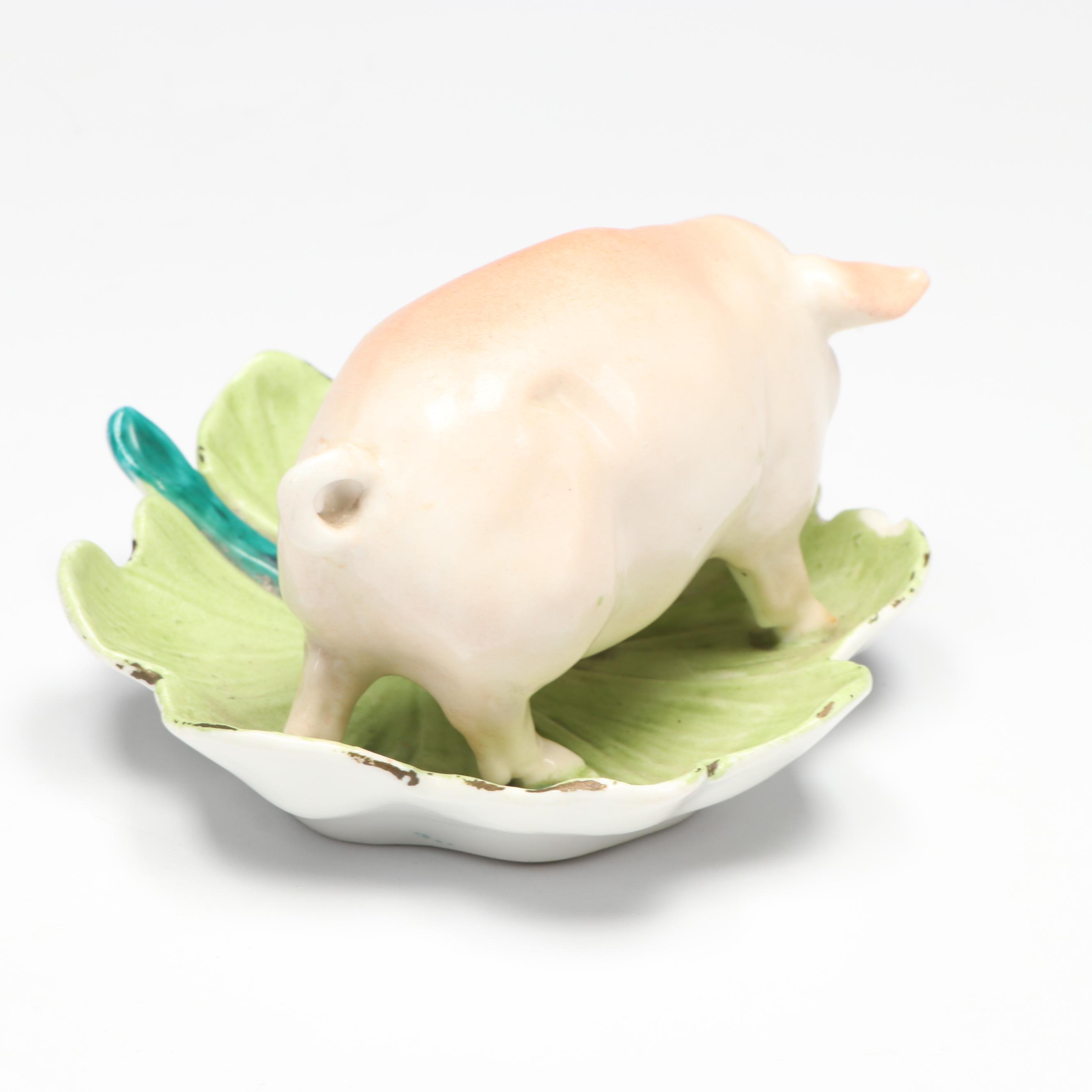 Vintage Ceramic Pig Cookie Jar with Porcelain Pig Dishes