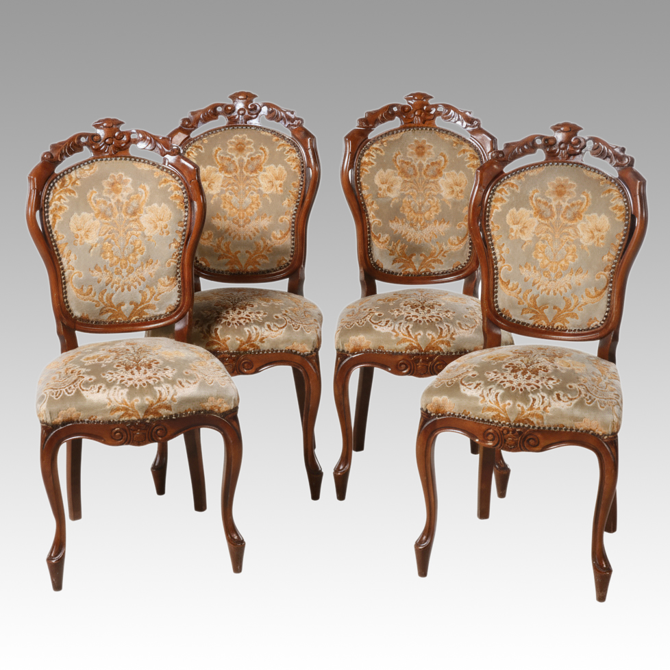 Four Louis XV Style Carved Walnut Upholstered Side Chairs