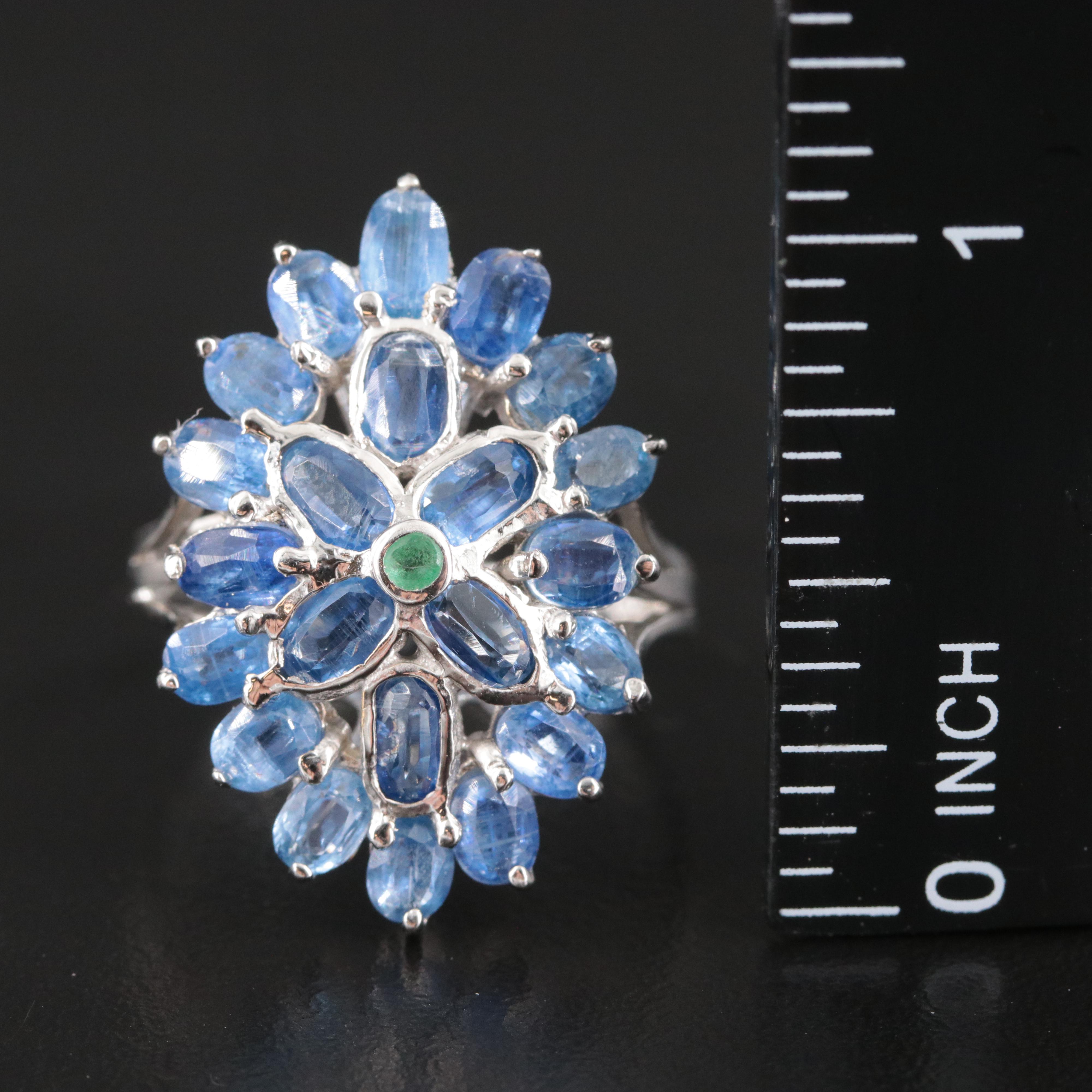 Sterling Kyanite and Emerald Cluster Ring