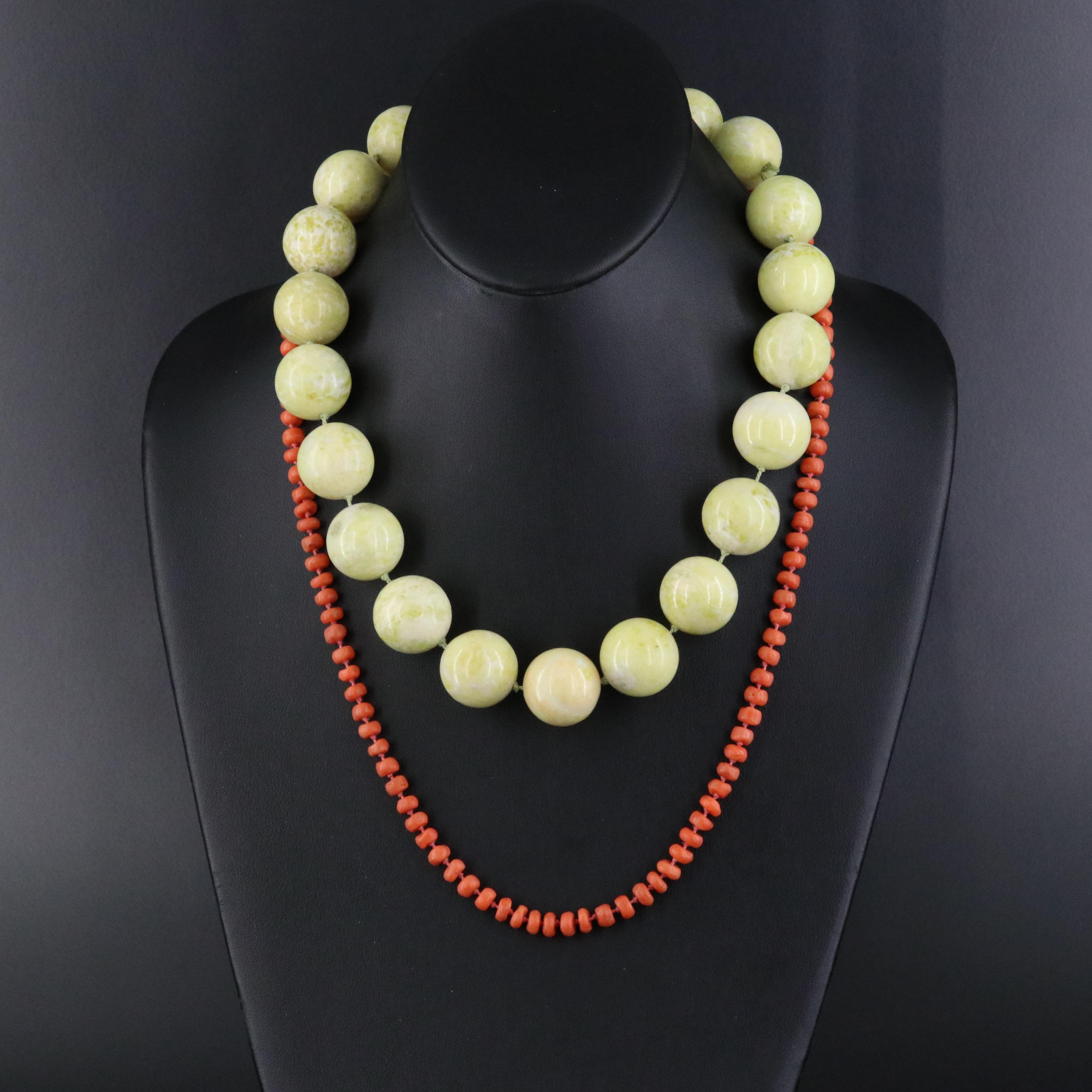 Coral and Serpentine Bead Necklaces with Sterling and 14K Clasps