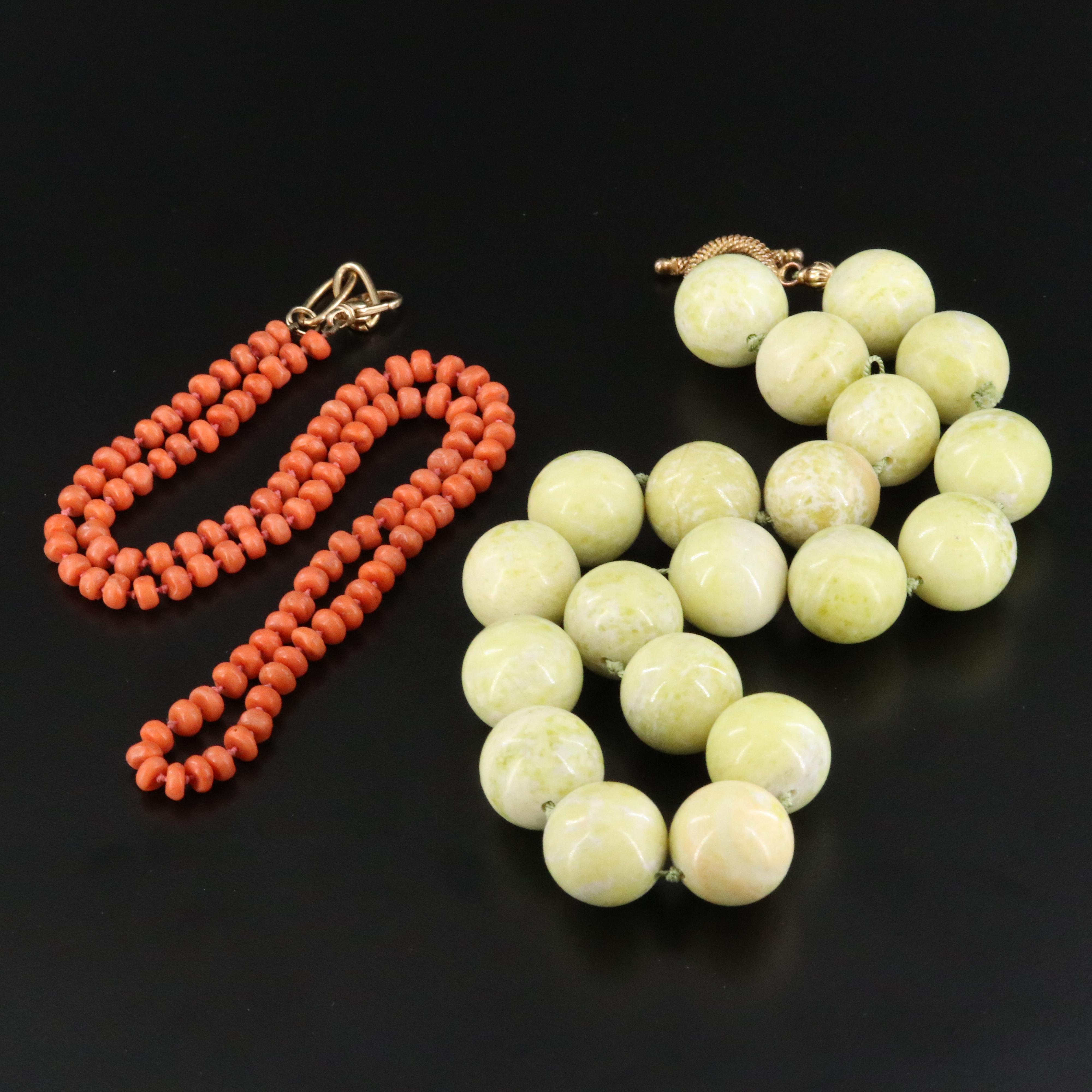 Coral and Serpentine Bead Necklaces with Sterling and 14K Clasps