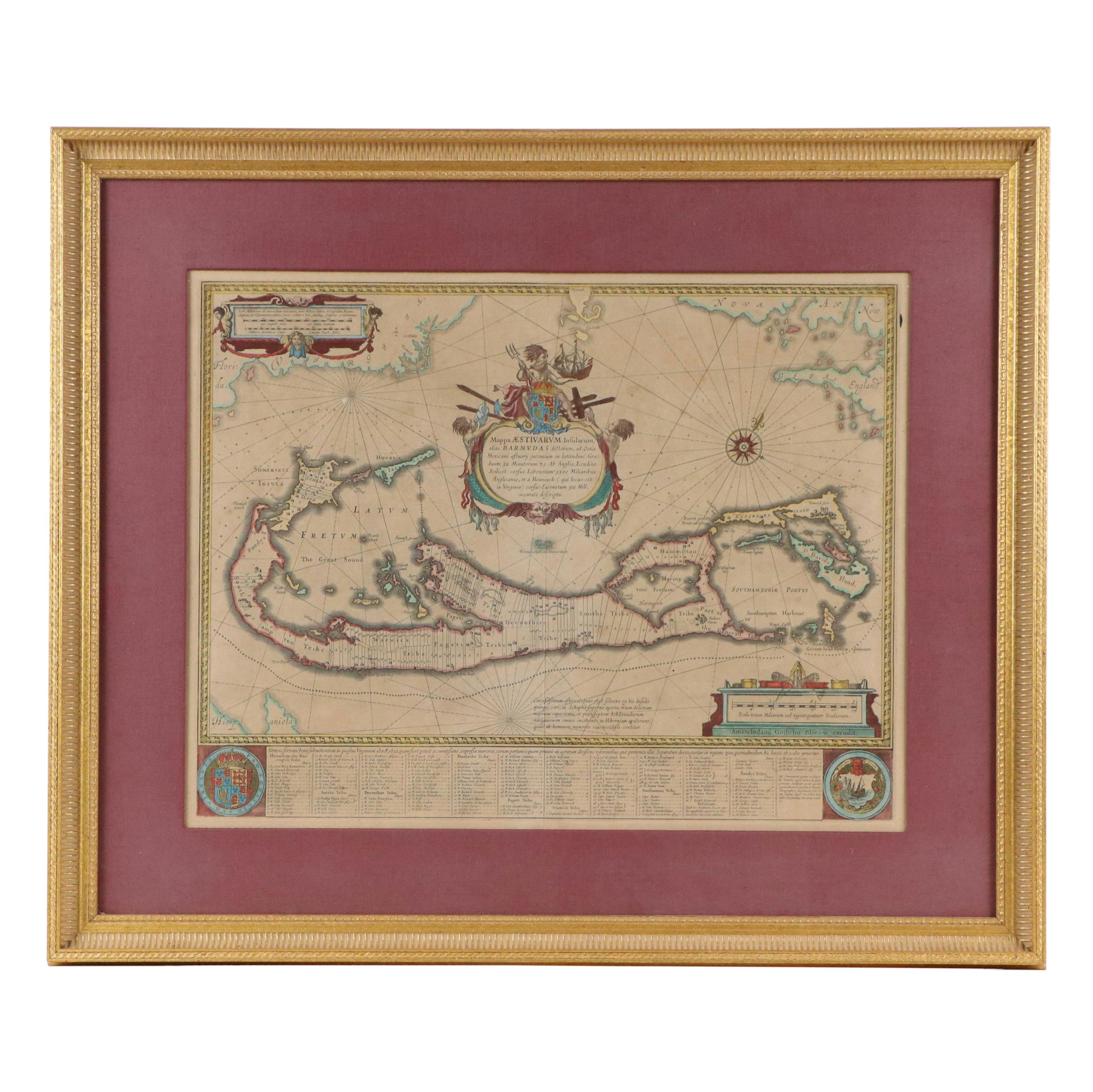 Willem Janzon Blaeu Hand-Colored Map Engraving "Mappa Æstivarum Insularum"