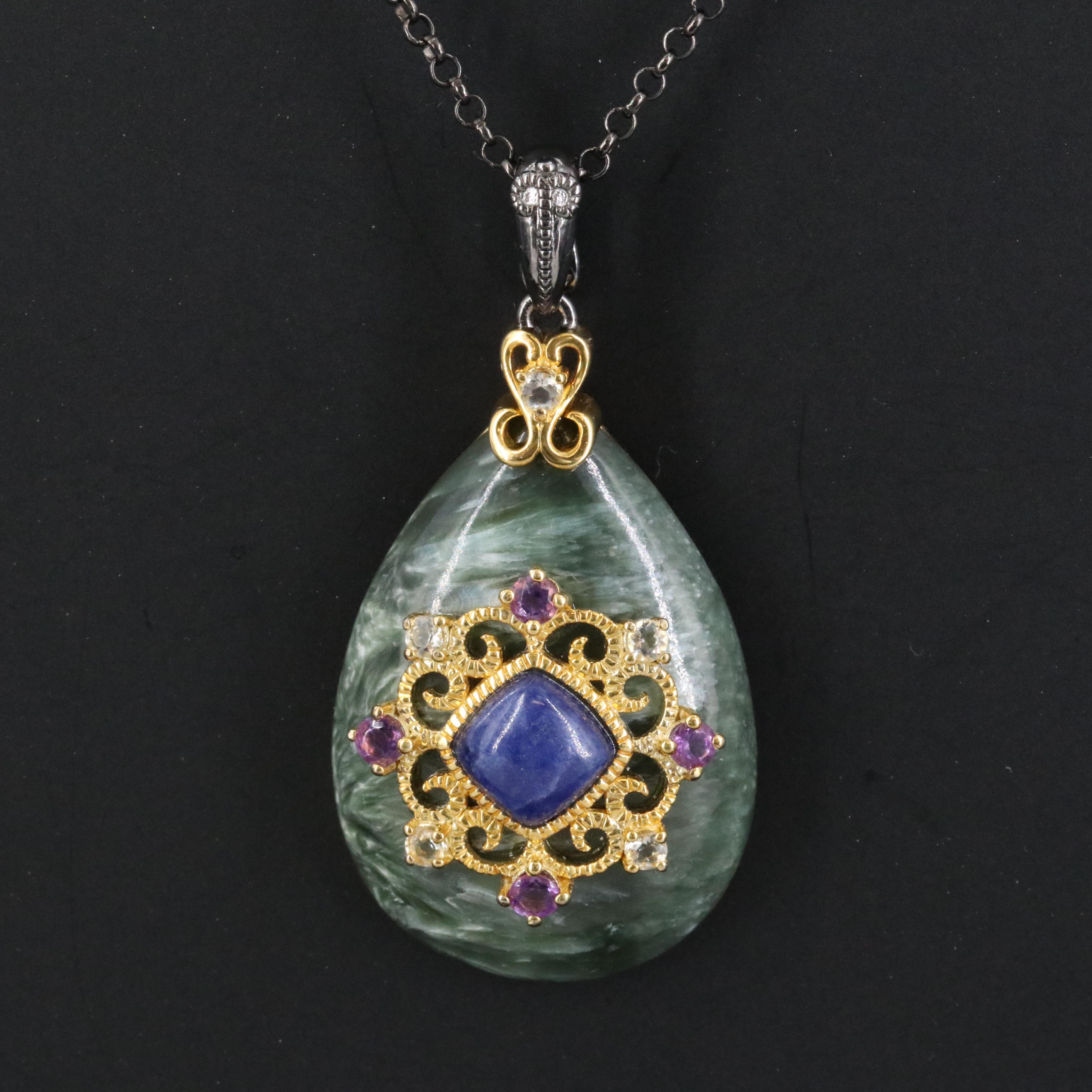 Carlo Viani Sterling Seraphinite and Gemstone Enhancer Pendant Necklace