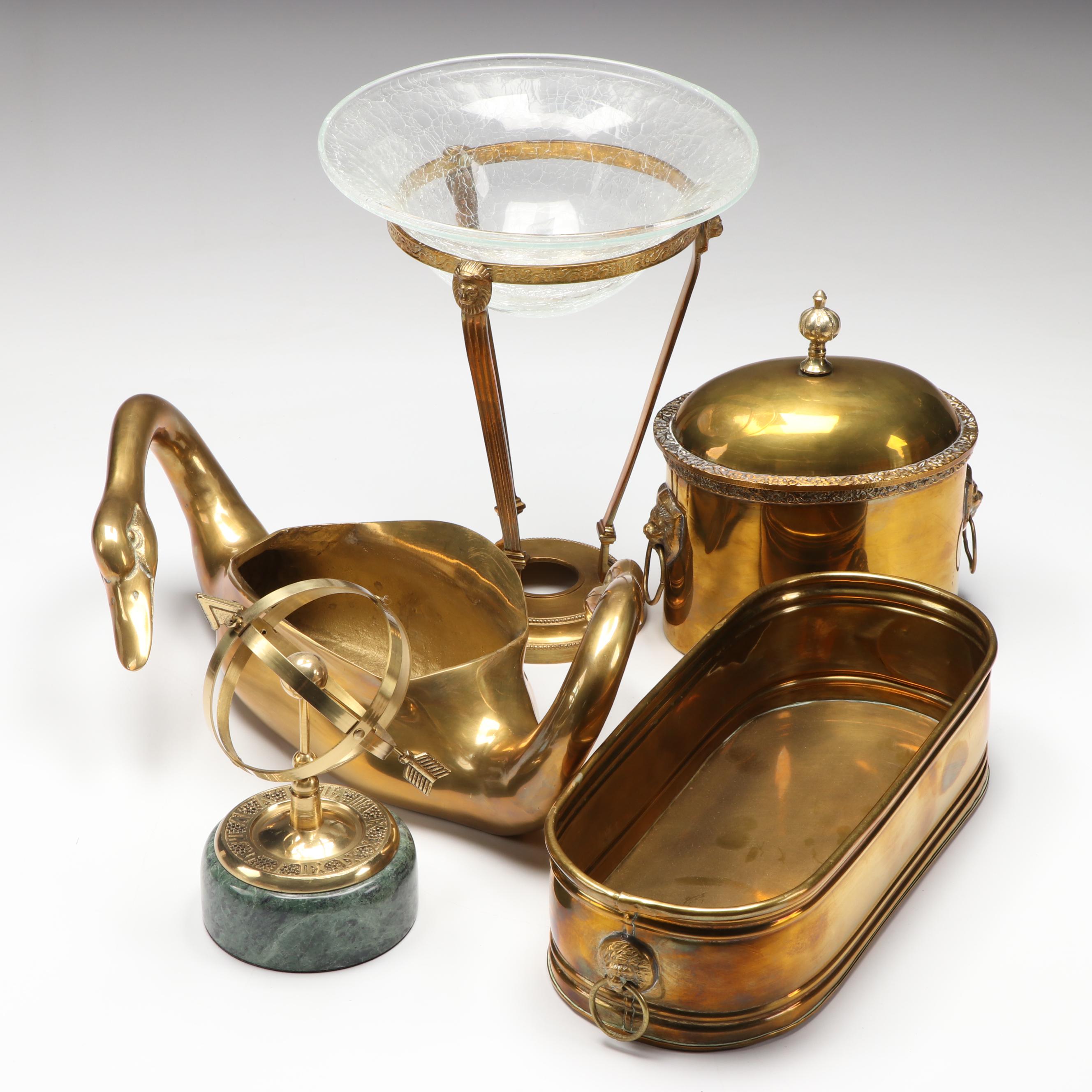 Brass Double Headed Swan Planter, Desktop Sundial, and More Metal Décor