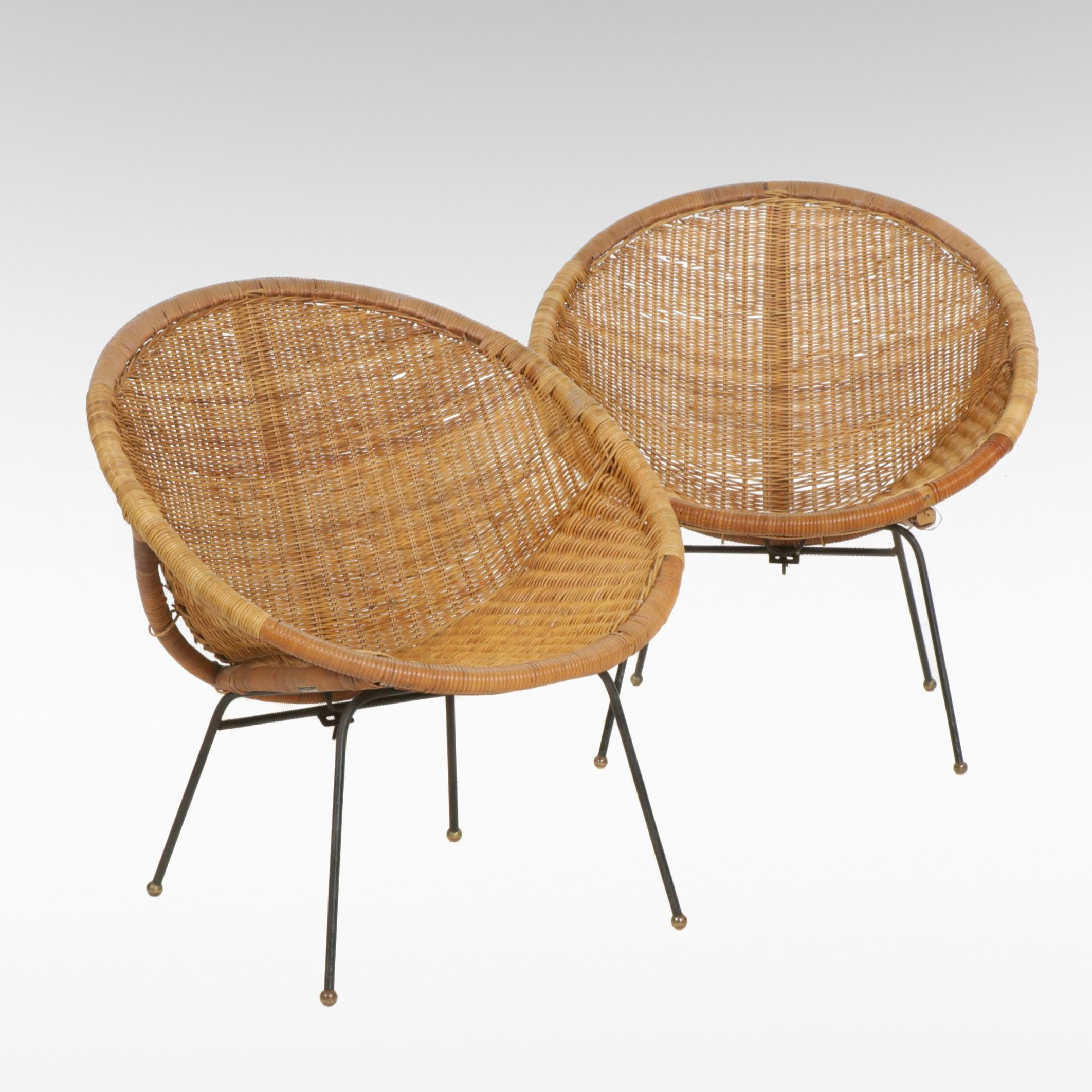 Pair of Calif-Asia Mid Century Modern Rattan and Metal Papasan Chairs