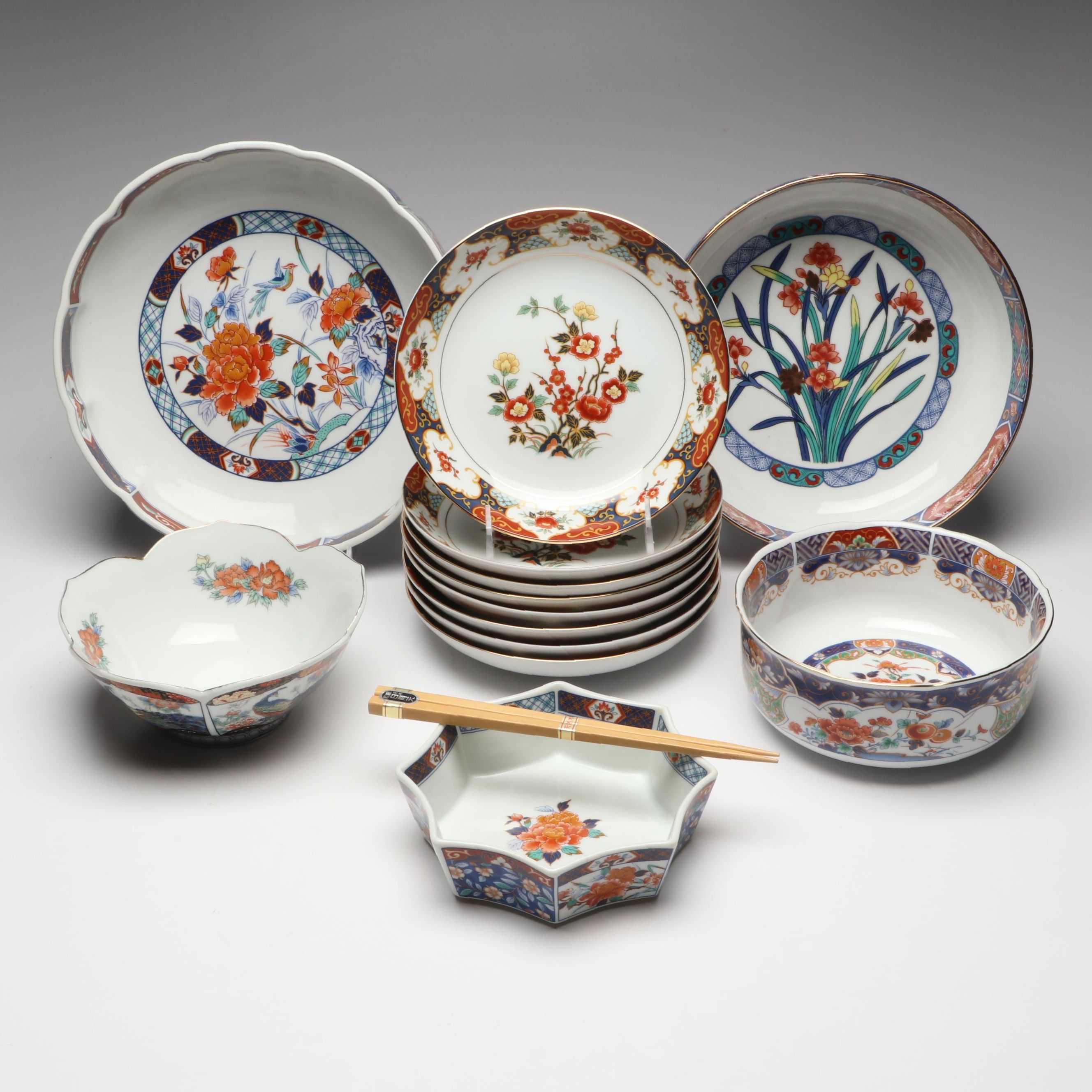 Japanese and Chinese Gold Gilt Floral Imari Porcelain Dinnerware with Chopsticks