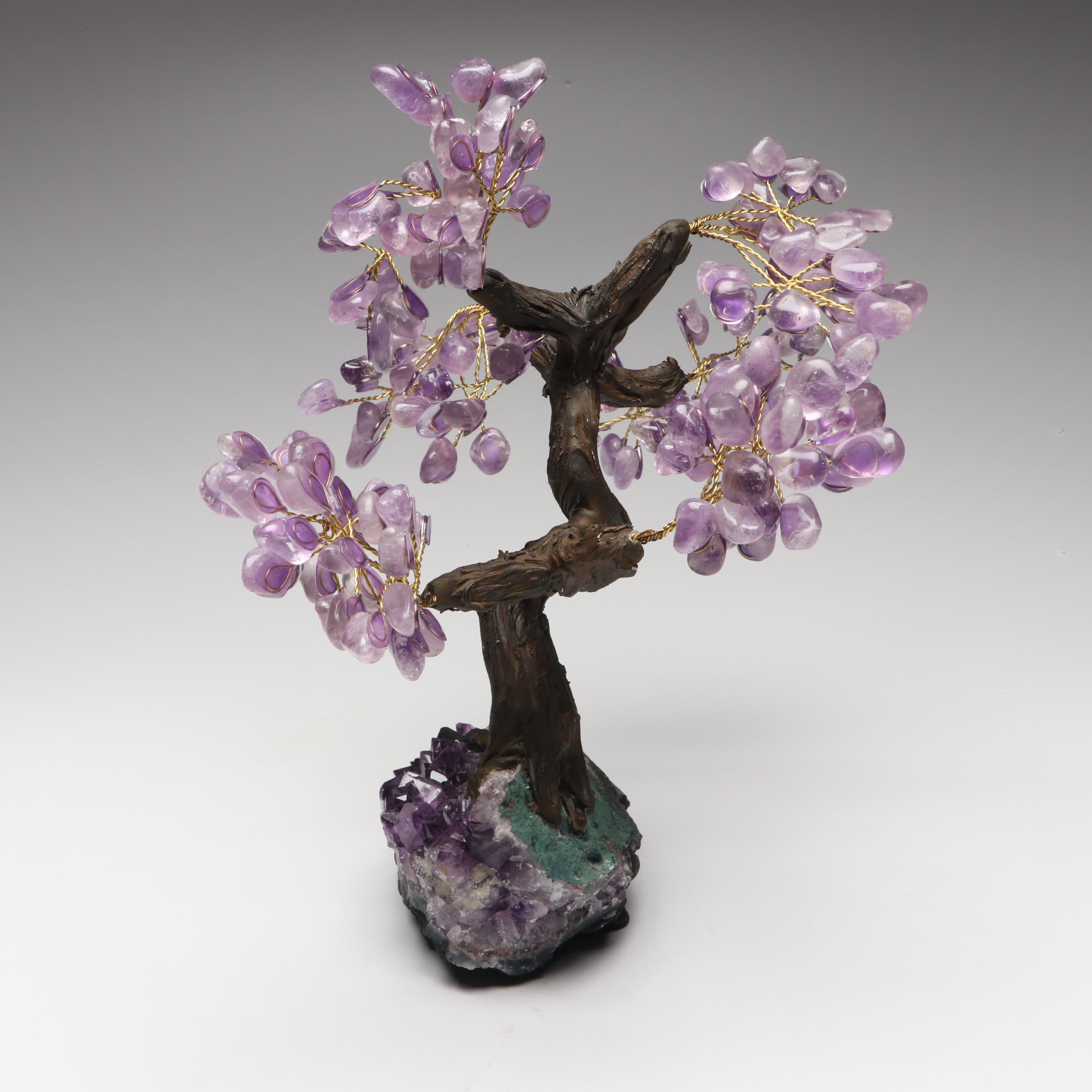 Amethyst and Glass Stone Bonsai Tree on Amethyst Geode Base
