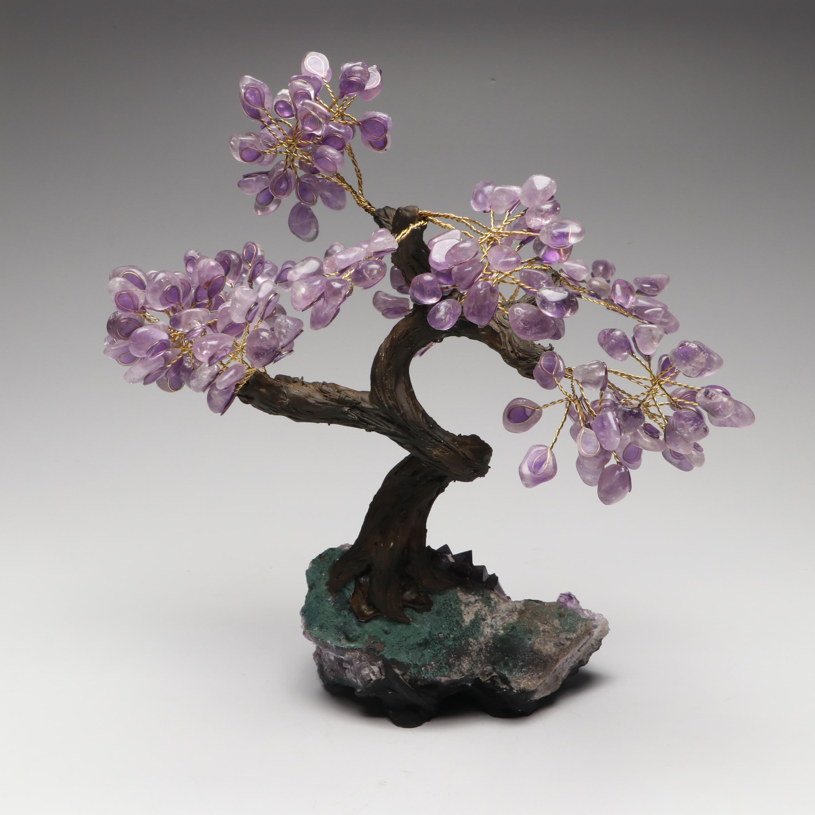 Amethyst and Glass Stone Bonsai Tree on Amethyst Geode Base