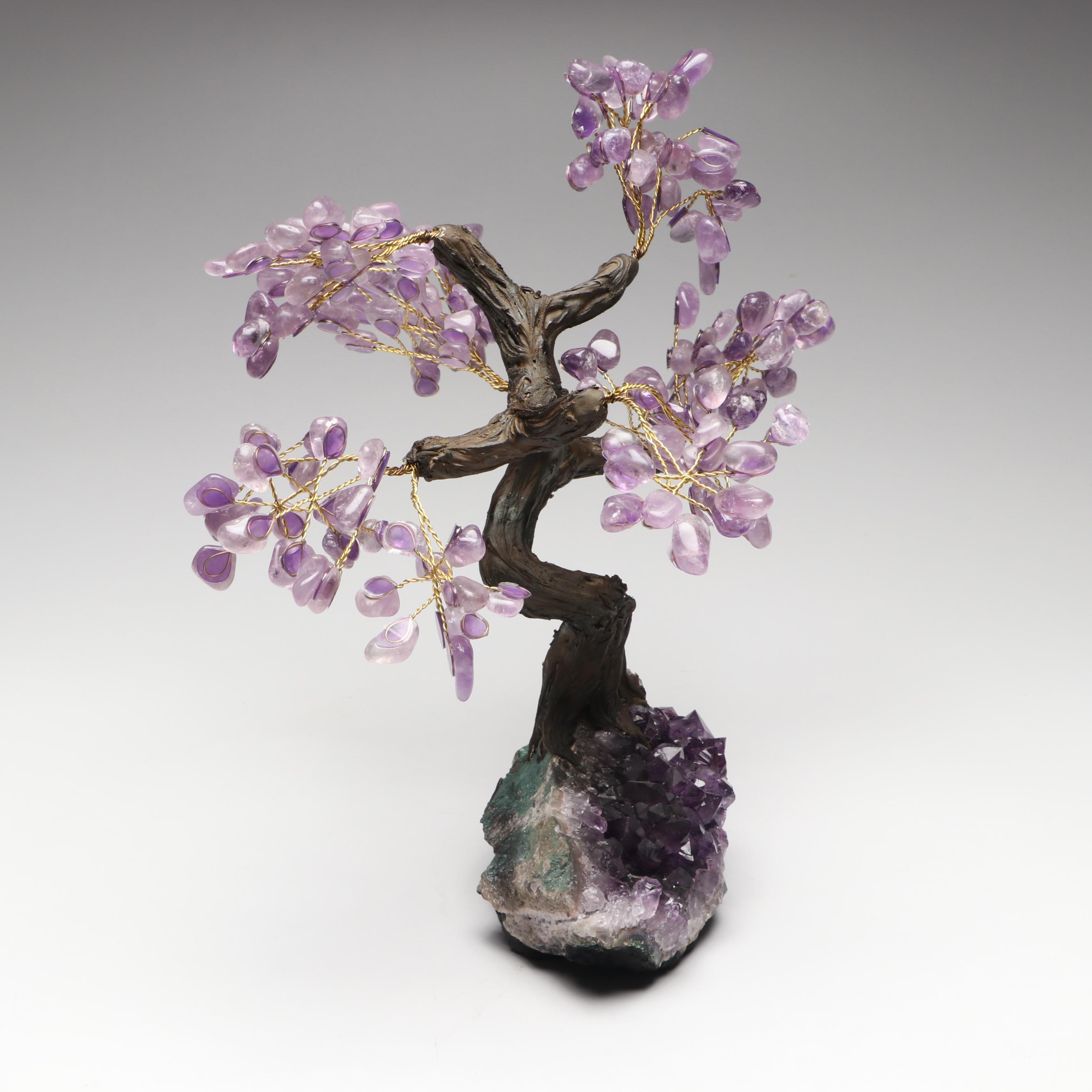 Amethyst and Glass Stone Bonsai Tree on Amethyst Geode Base