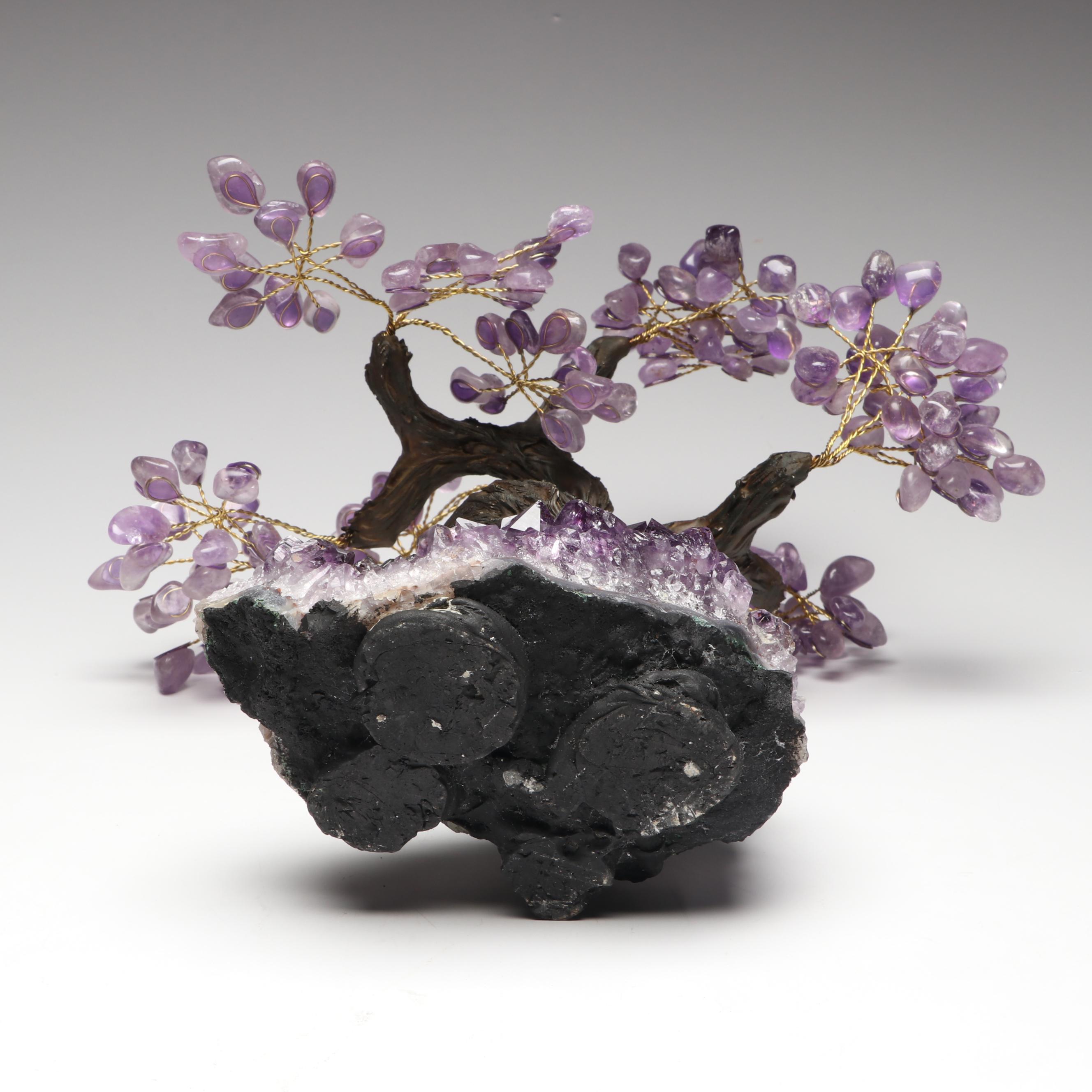 Amethyst and Glass Stone Bonsai Tree on Amethyst Geode Base
