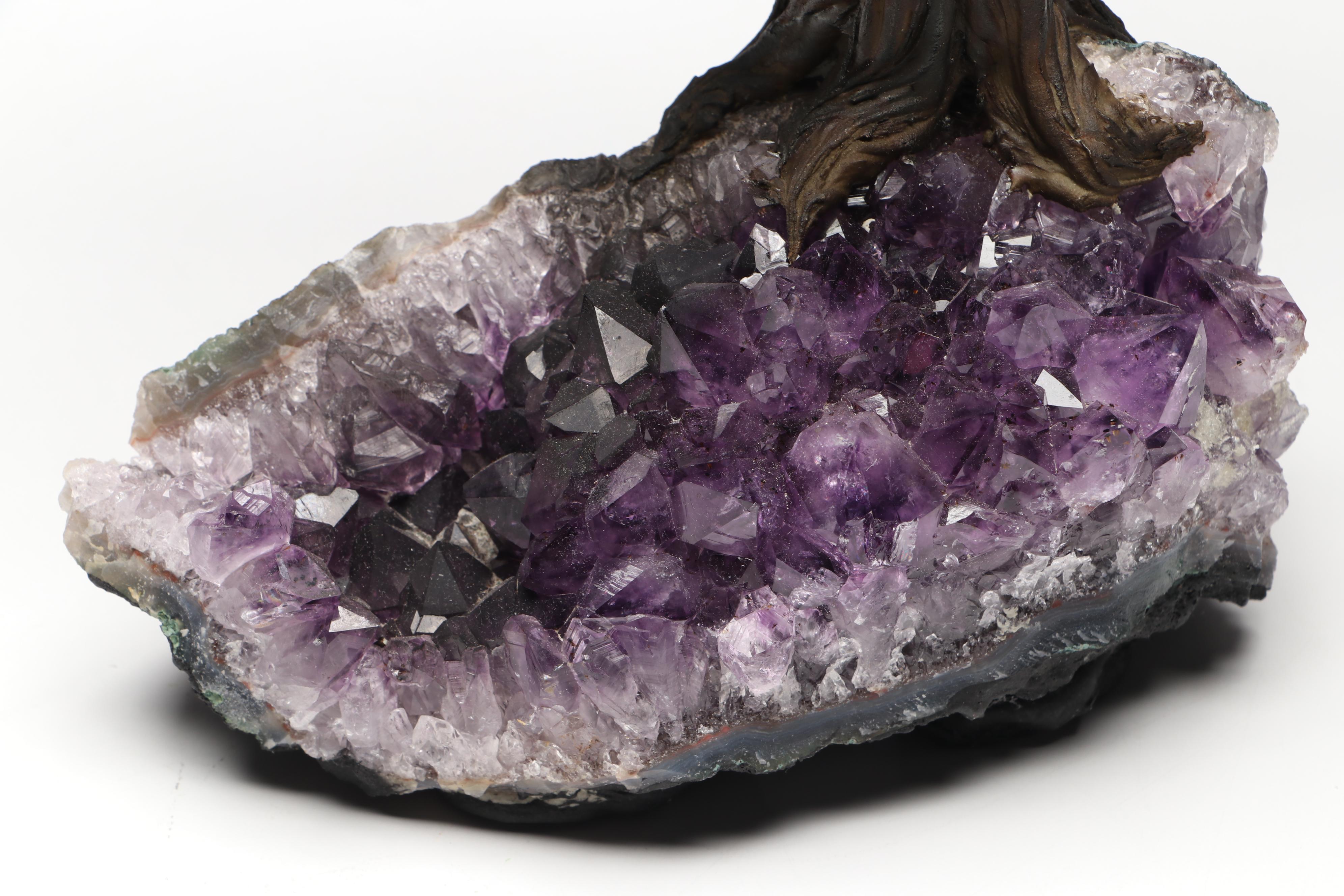 Amethyst and Glass Stone Bonsai Tree on Amethyst Geode Base