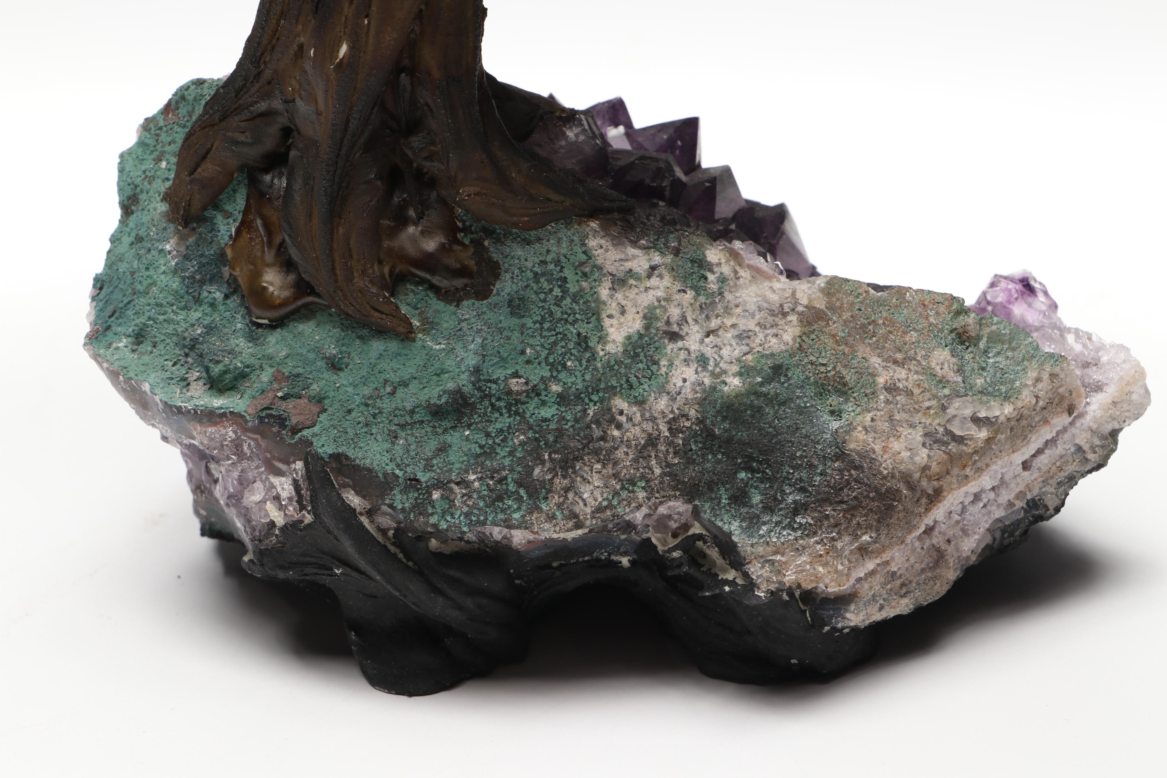 Amethyst and Glass Stone Bonsai Tree on Amethyst Geode Base