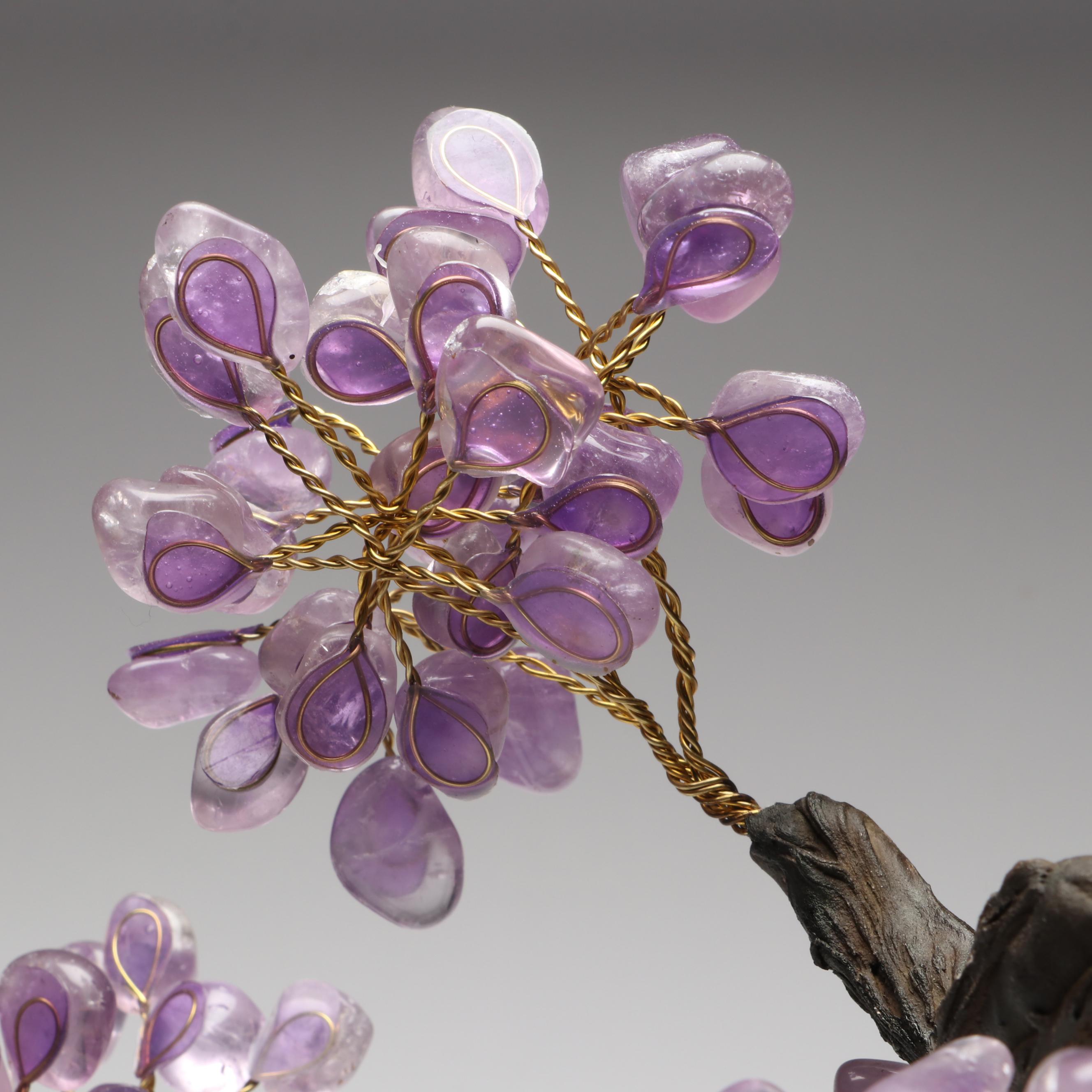 Amethyst and Glass Stone Bonsai Tree on Amethyst Geode Base