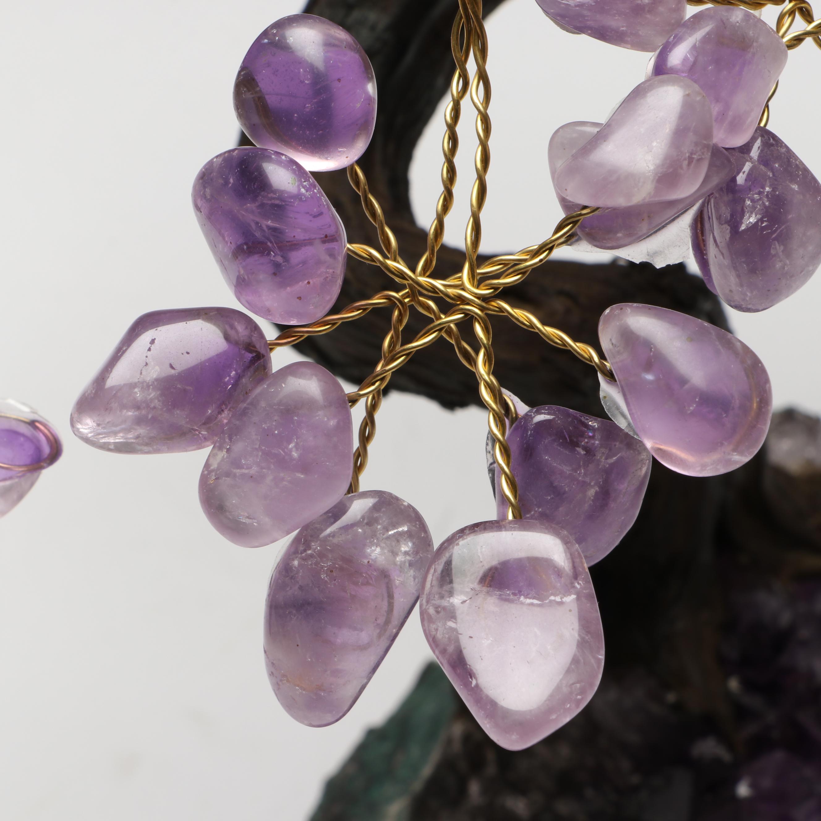 Amethyst and Glass Stone Bonsai Tree on Amethyst Geode Base