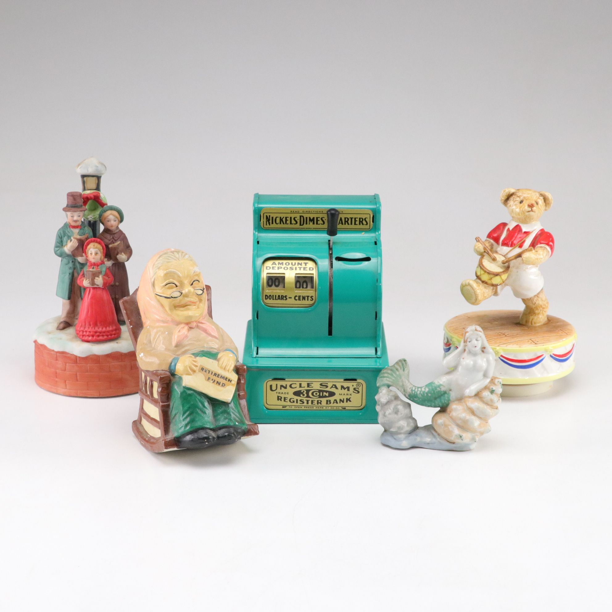 Uncle Sam's 3-Coin Register Bank with "Grandma" Bank, Carolers Music Box & More