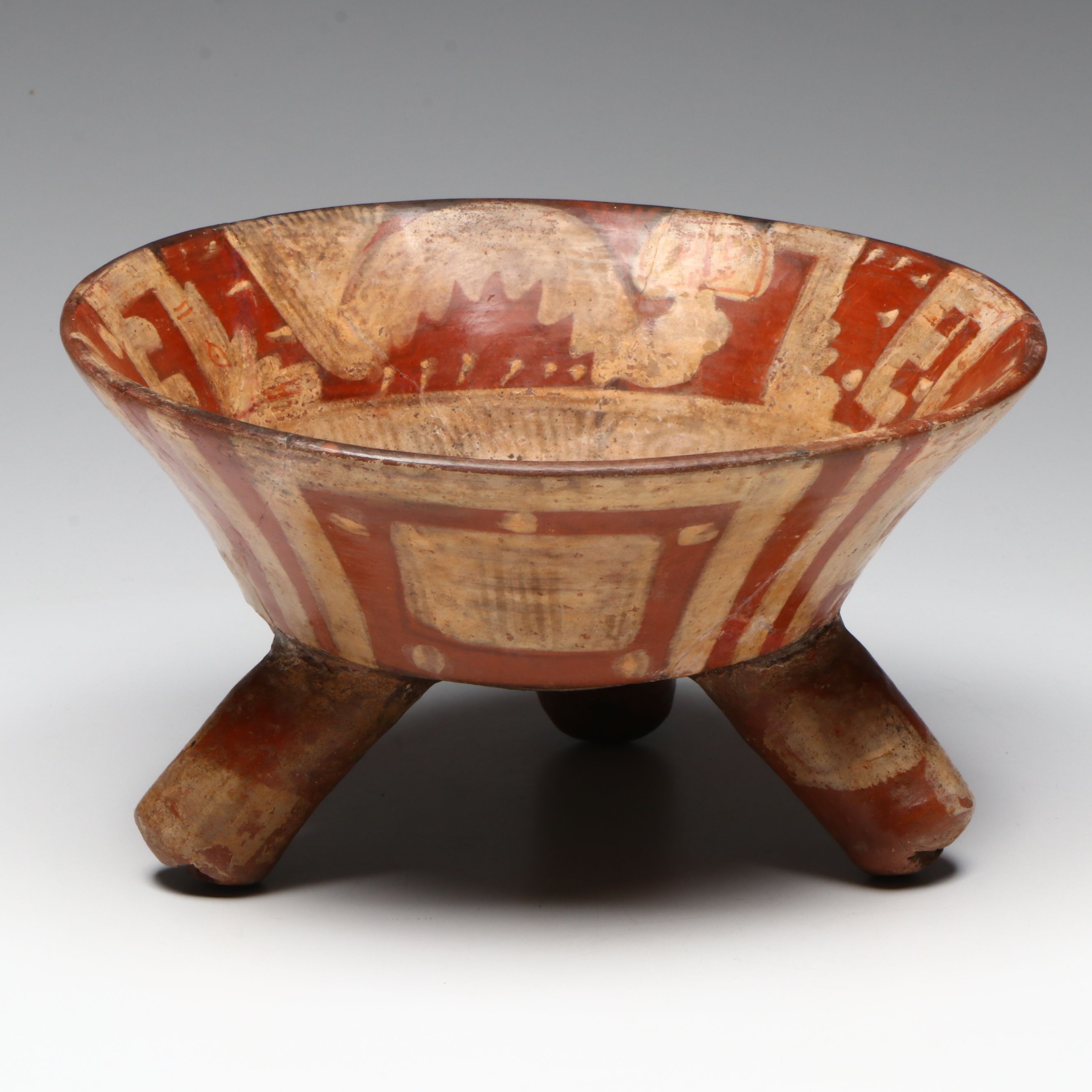 Pre-Columbian Mixtec Pottery Polychrome Tripod Bowl, Circa 1200-1500 CE.